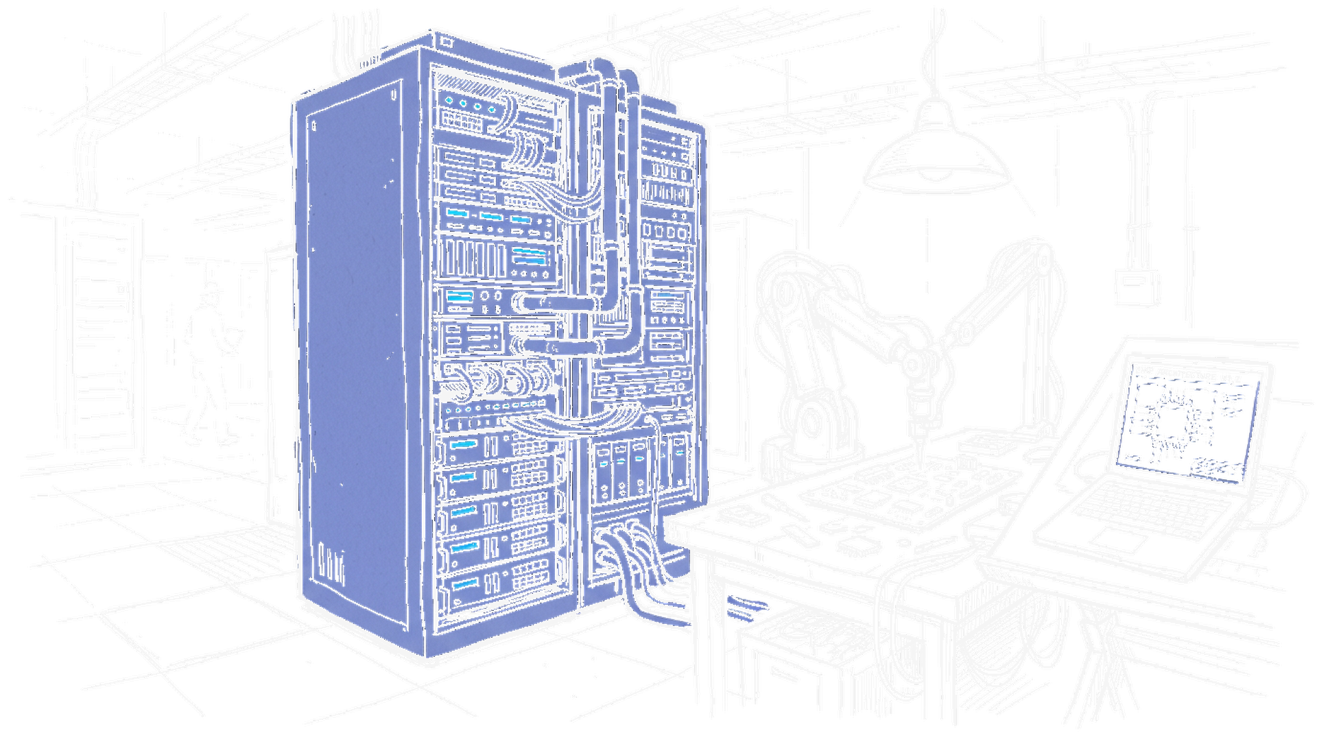 Illustration eines Server-Racks mit Roboterarm und Laptop-Blueprint, kinewsletter.ch Stil