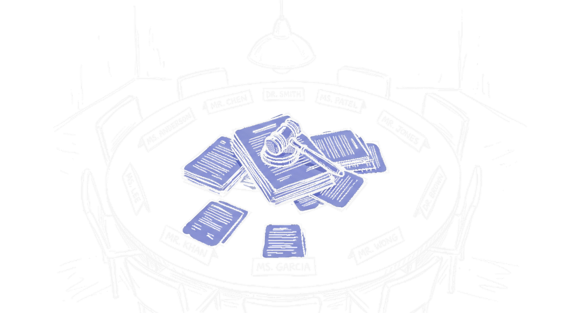 Illustration eines Verhandlungstisches mit Gesetzbüchern und Hammer, kinewsletter.ch Stil