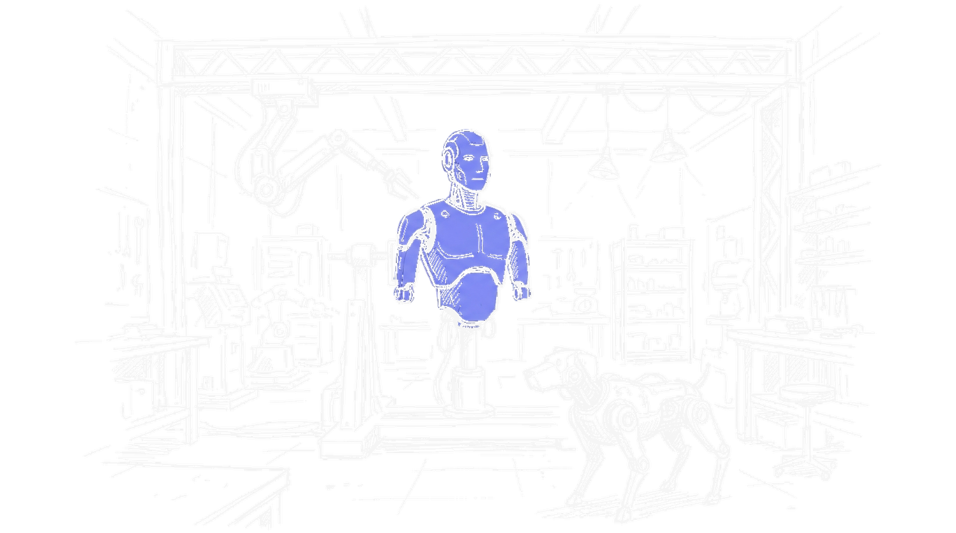 Illustration einer Werkshalle mit Humanoid-Roboter und Vierbeiner, kinewsletter.ch Stil