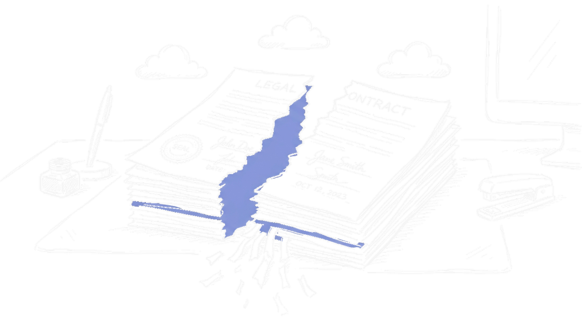 Illustration eines auseinanderbrechenden Vertragsstapels mit drei Cloud-Symbolen, kinewsletter.ch Stil