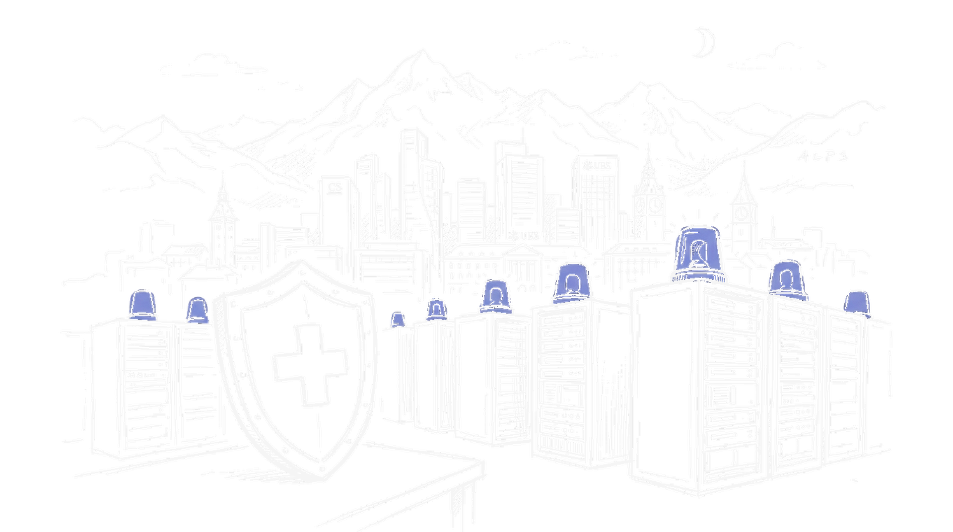 Illustration einer Schweizer Finanzplatz-Skyline mit roten Warnsymbolen über Servern, kinewsletter.ch Stil