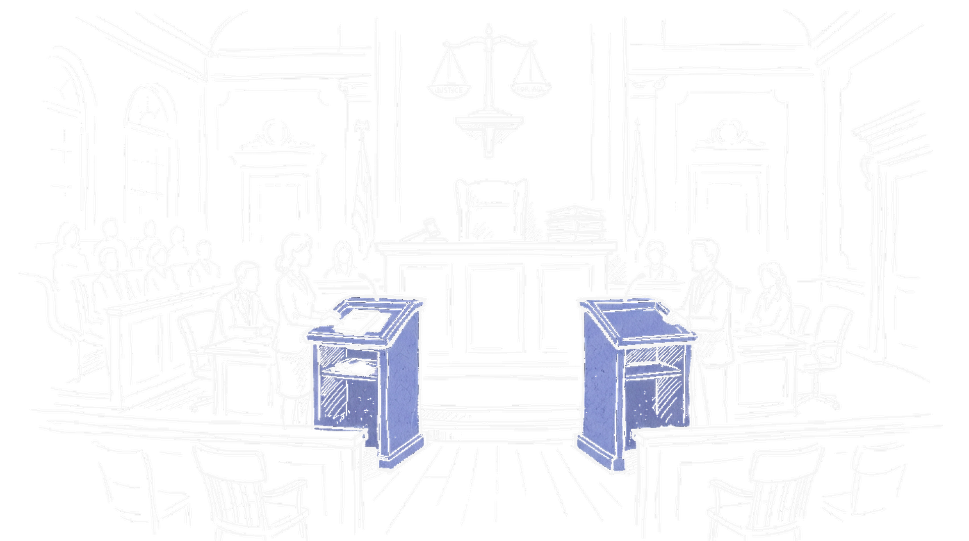 Illustration eines Gerichtssaals mit zwei gegenüberstehenden Anwaltspulten und einem Charity-Symbol über dem Richtertisch, kinewsletter.ch Stil