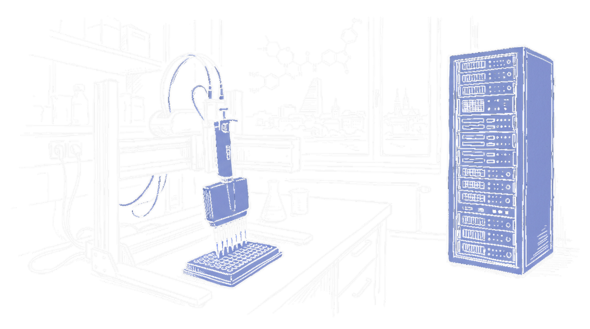 Illustration Pharma-Labor mit Roboter-Pipette und GPU-Server-Rack, kinewsletter.ch Stil (Dark)
