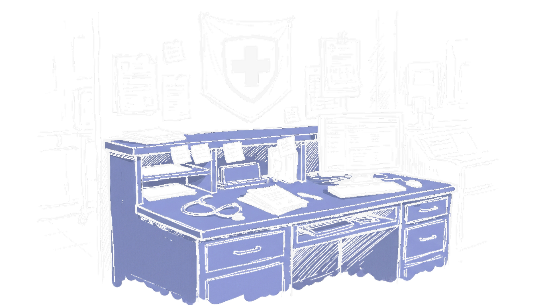Illustration einer Notaufnahme-Konsole mit Schweizer Kreuz-Logo, kinewsletter.ch Stil