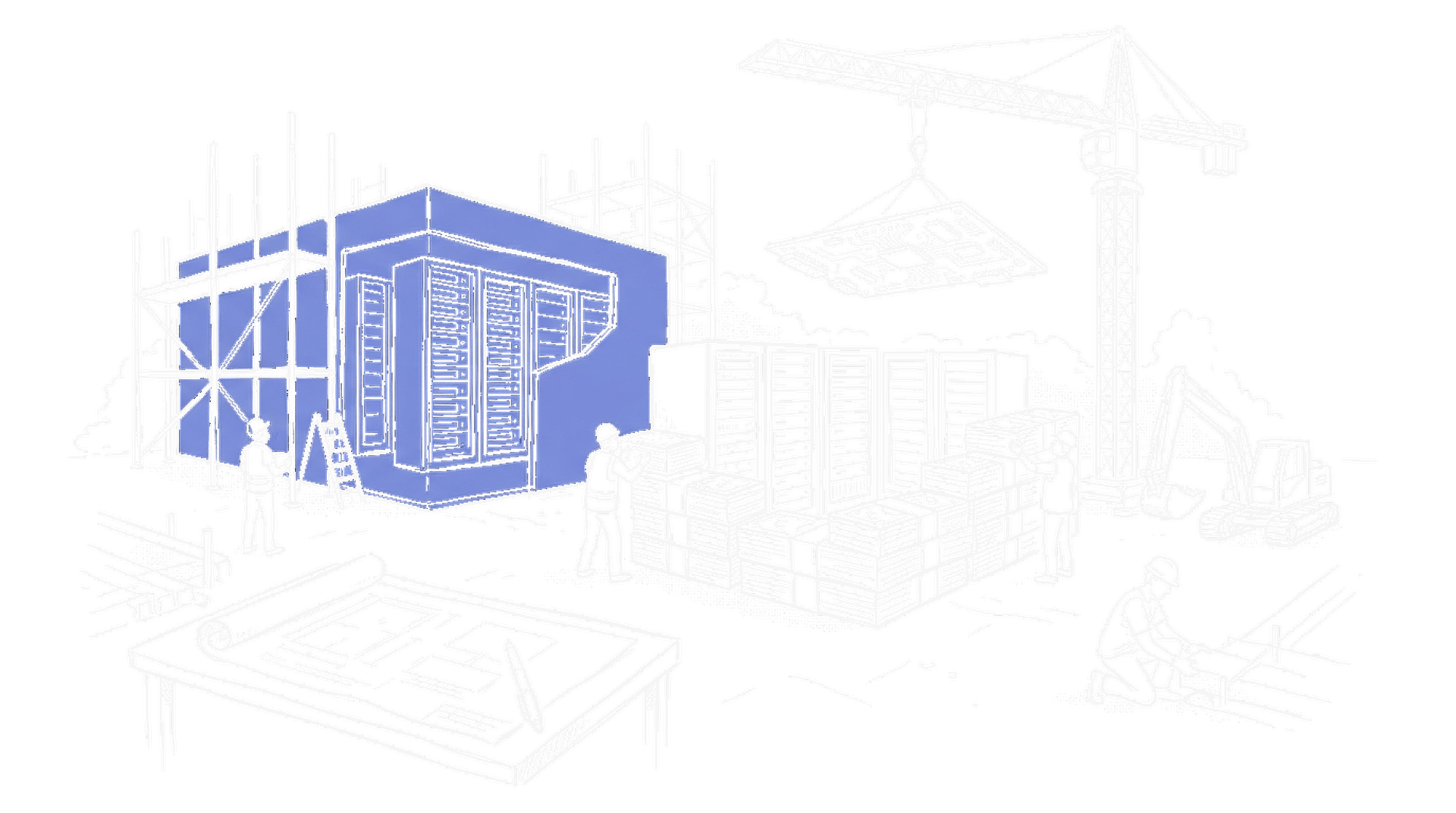 Illustration eines NVIDIA-Datacenters mit Baugerüsten und Geldscheinen, kinewsletter.ch Stil