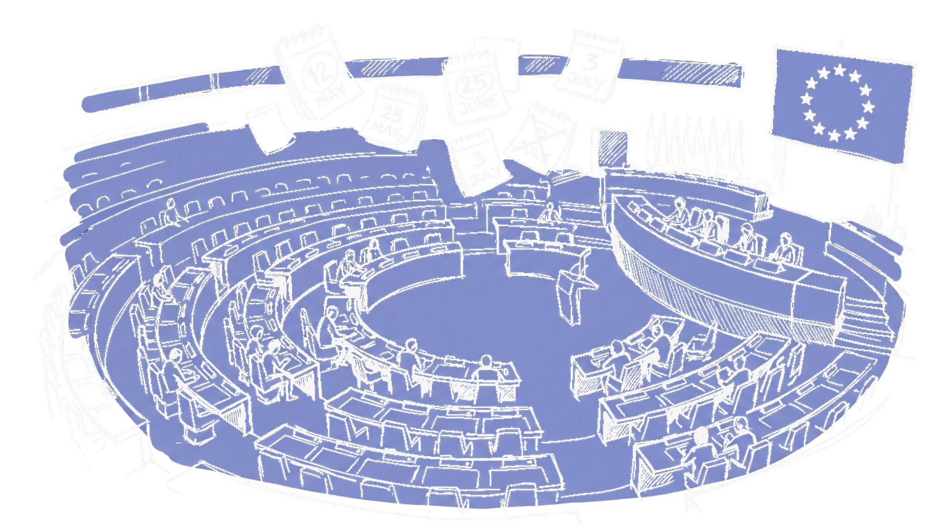 Illustration des Strassburger EU-Parlamentsgebäudes mit Verhandlungstischen, kinewsletter.ch Stil