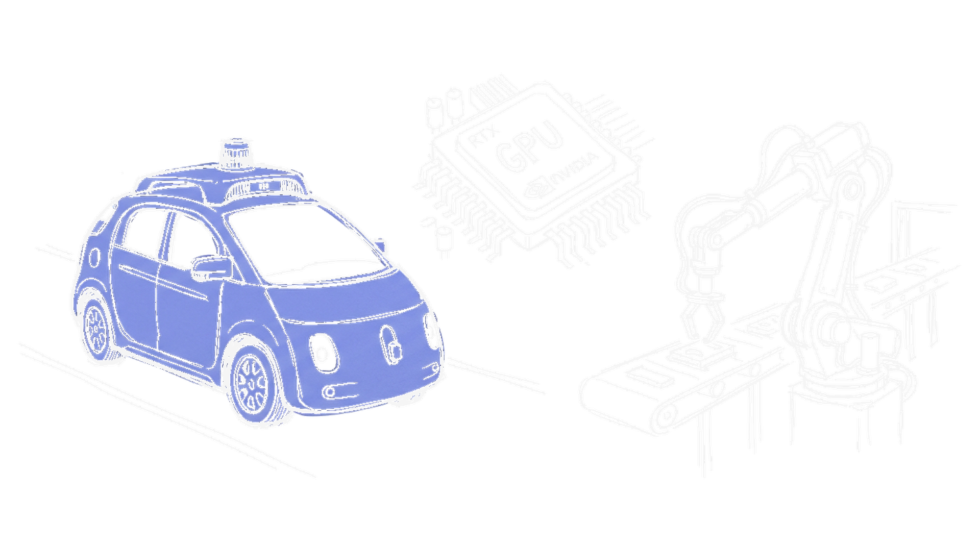 Illustration Robotaxi neben GPU-Chip und Roboterarm, kinewsletter.ch Stil (Dark)