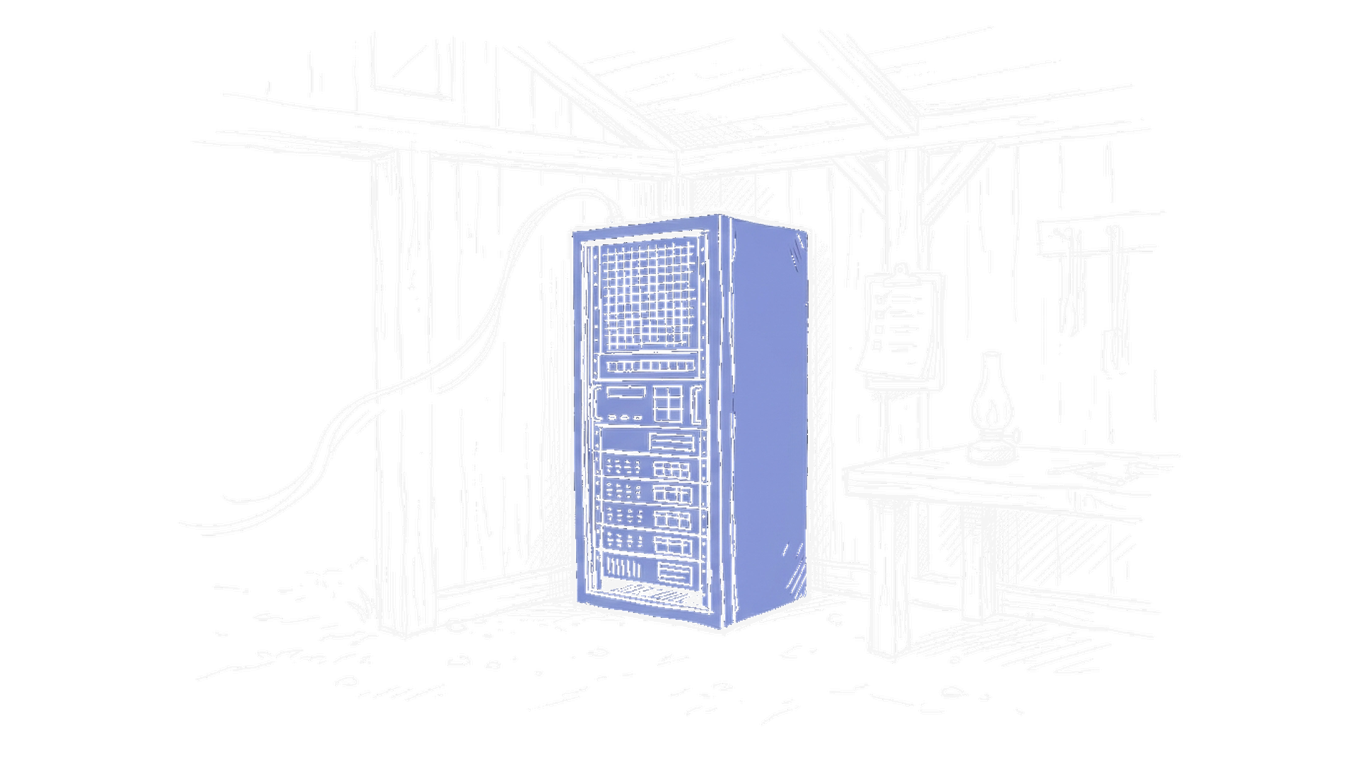 Illustration einer Werkstatt mit Server-Rack, kinewsletter.ch Stil