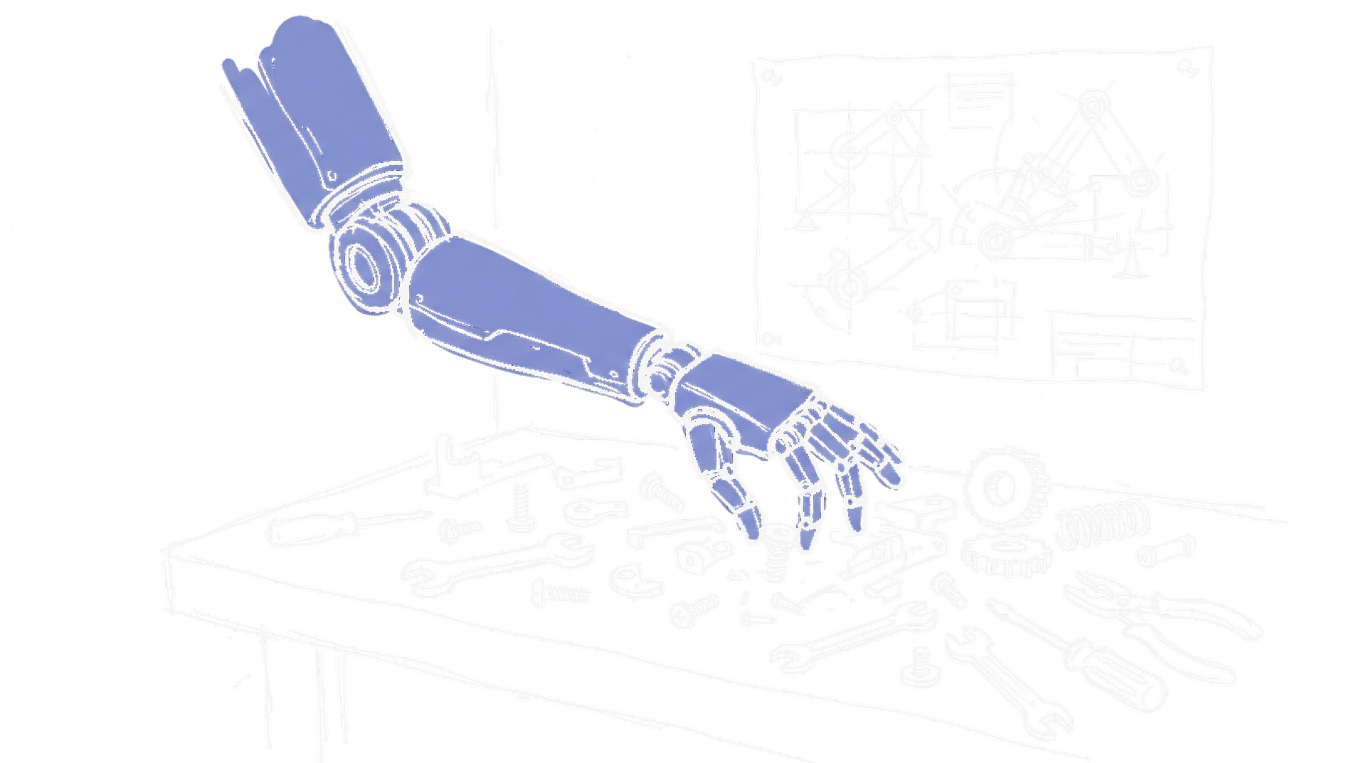 Illustration: Roboterarm an Werkbank mit Bauteilen, kinewsletter.ch Stil