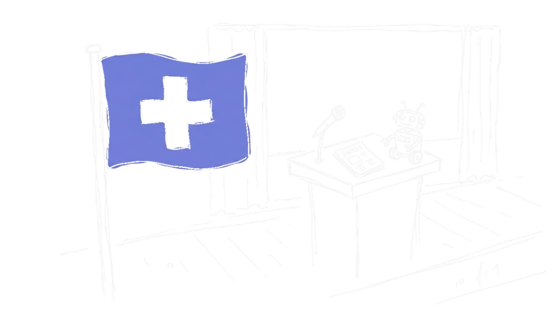 Illustration Schweizer KI-Events mit Konferenz und Roboter, kinewsletter.ch Stil (Dark)