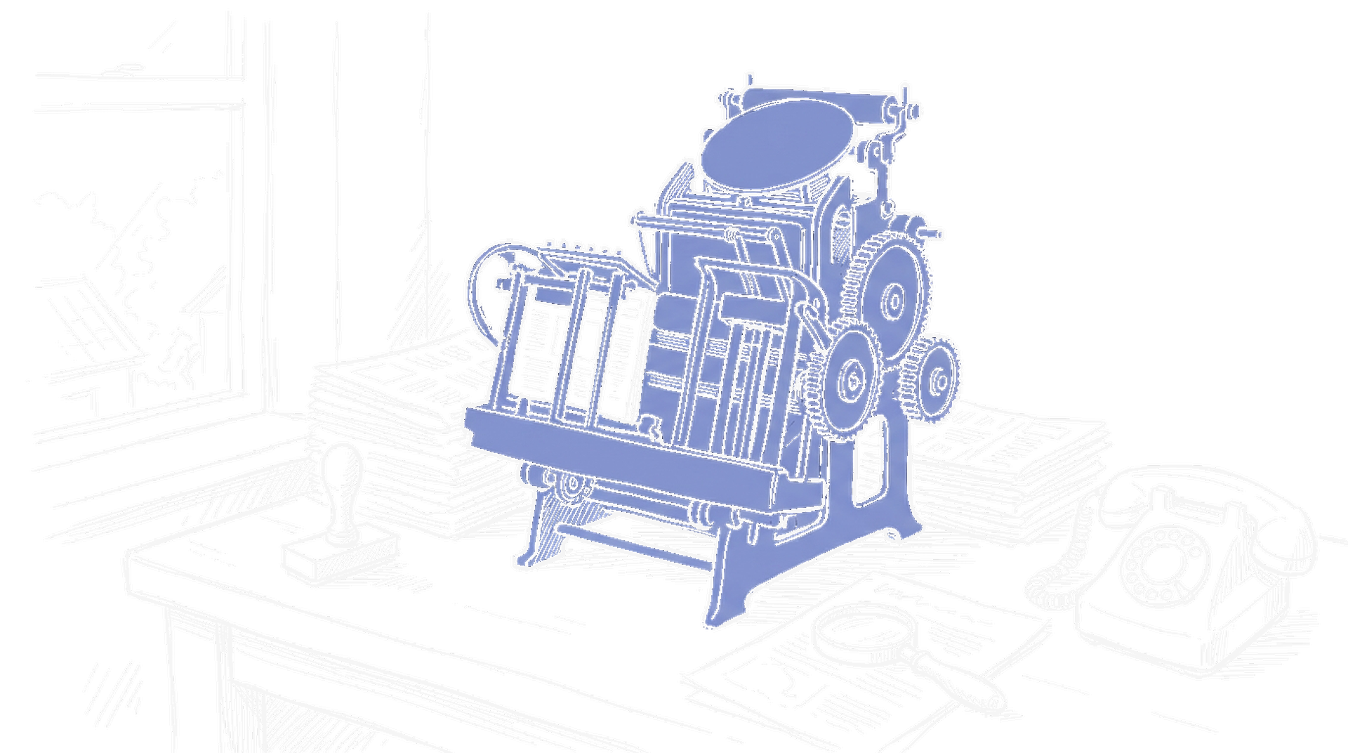 Illustration einer alten Druckpresse mit Tuschestempel und Telefon im handgezeichneten kinewsletter.ch-Stil – Symbol fuer den Schweizer KI-Kodex der Medienbranche (Dark Mode)
