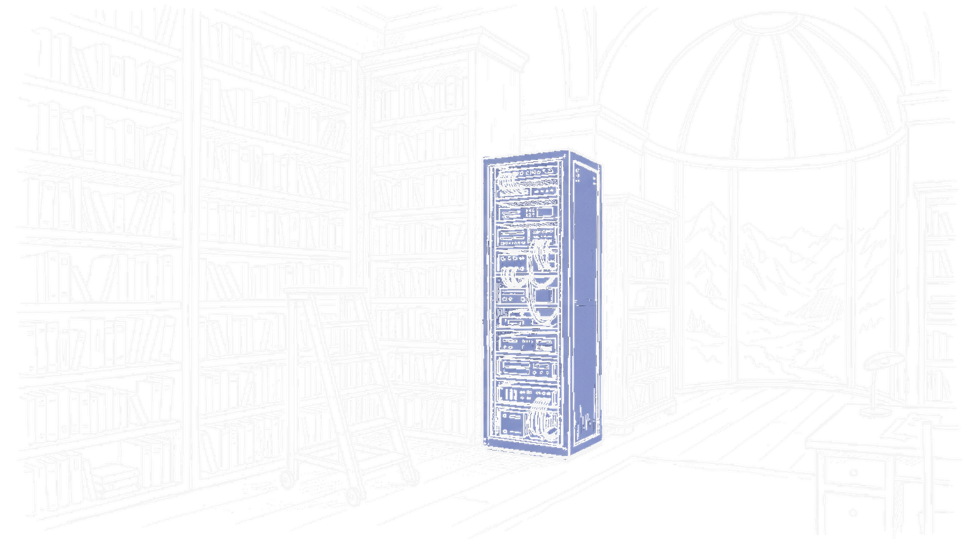 Illustration eines Server-Racks in einem alten Bibliotheks-Archiv mit Glaskuppel im handgezeichneten kinewsletter.ch-Stil – Symbol fuer Internet Archive Switzerland in St. Gallen (Dark Mode)