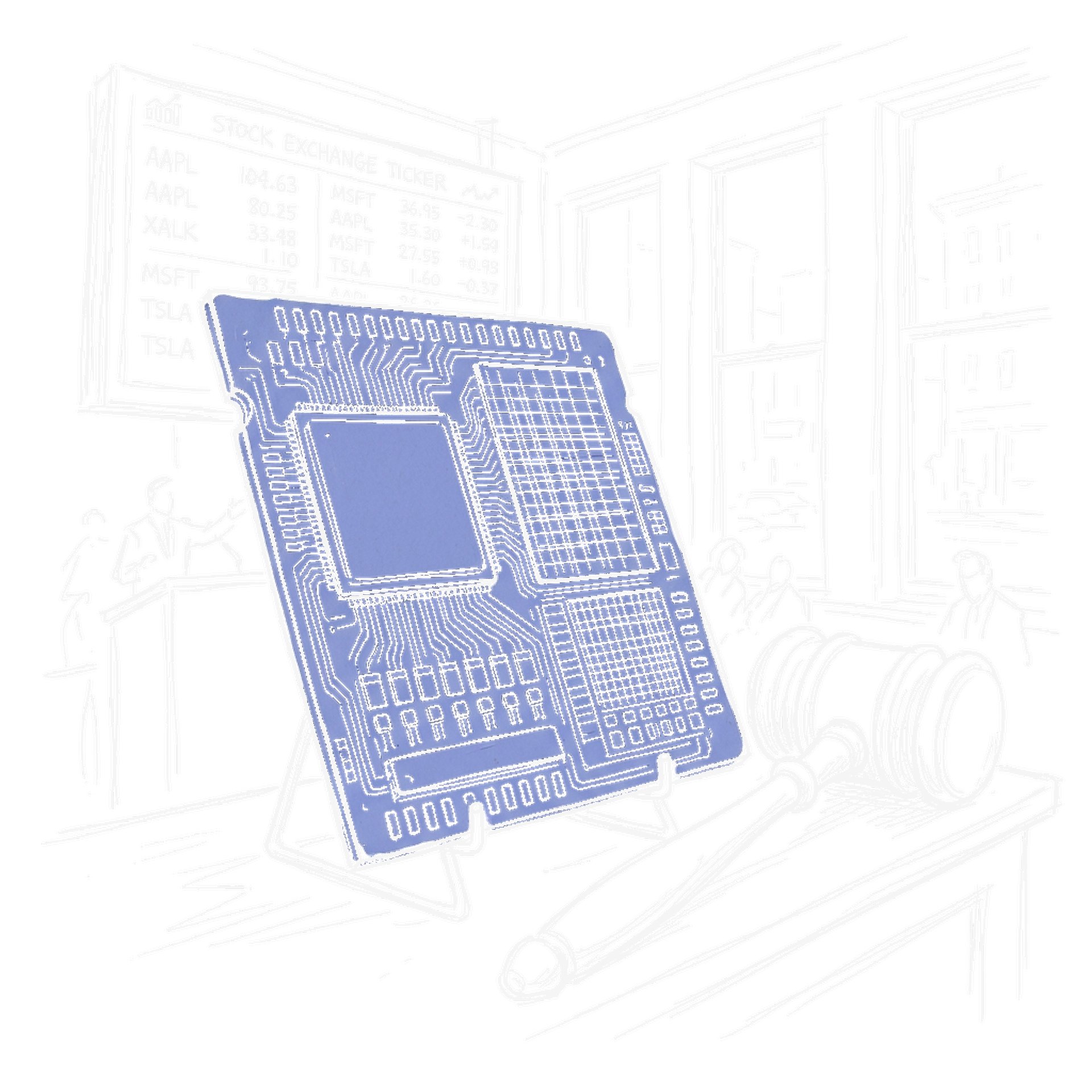 Illustration eines riesigen Computer-Chips mit Börsenticker, kinewsletter.ch Stil