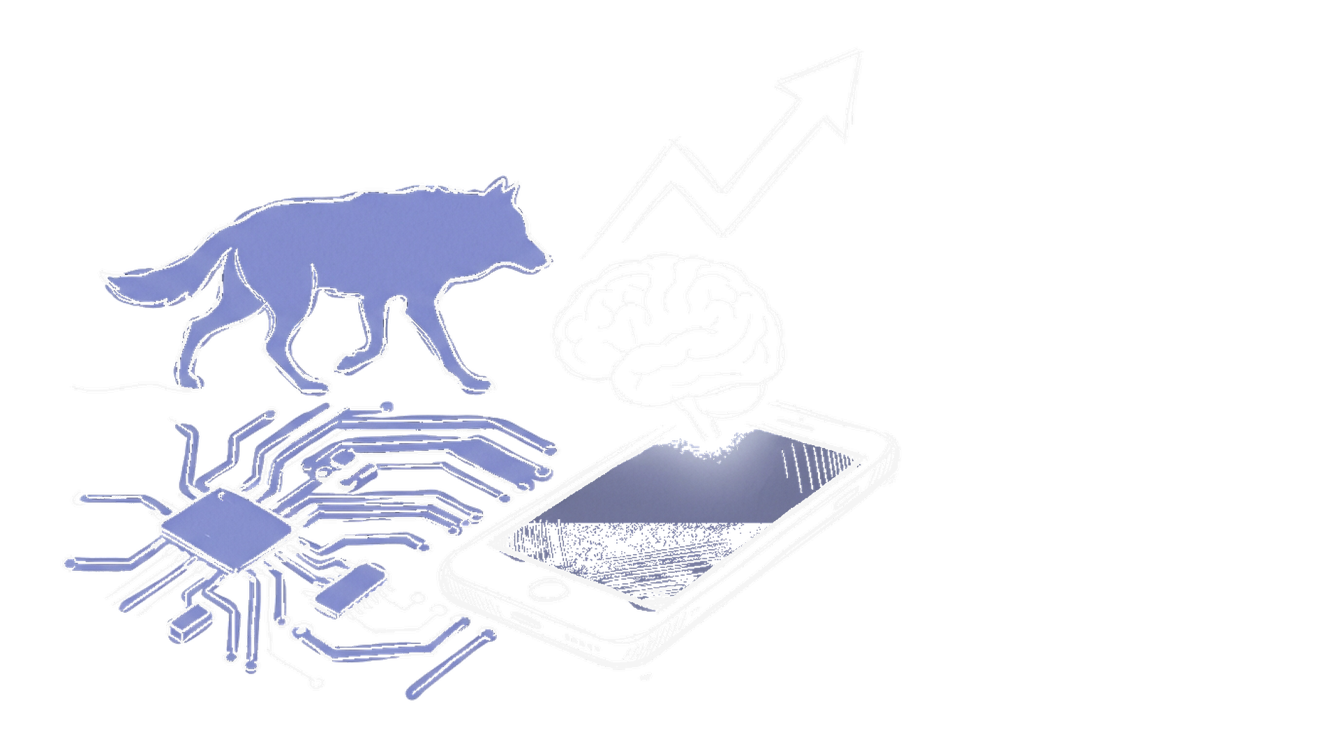 Illustration Xiaomi MiMo-V2-Pro Hunter Alpha Dark Mode – Smartphone mit leuchtendem Gehirn-Hologramm und Wolf-Silhouette