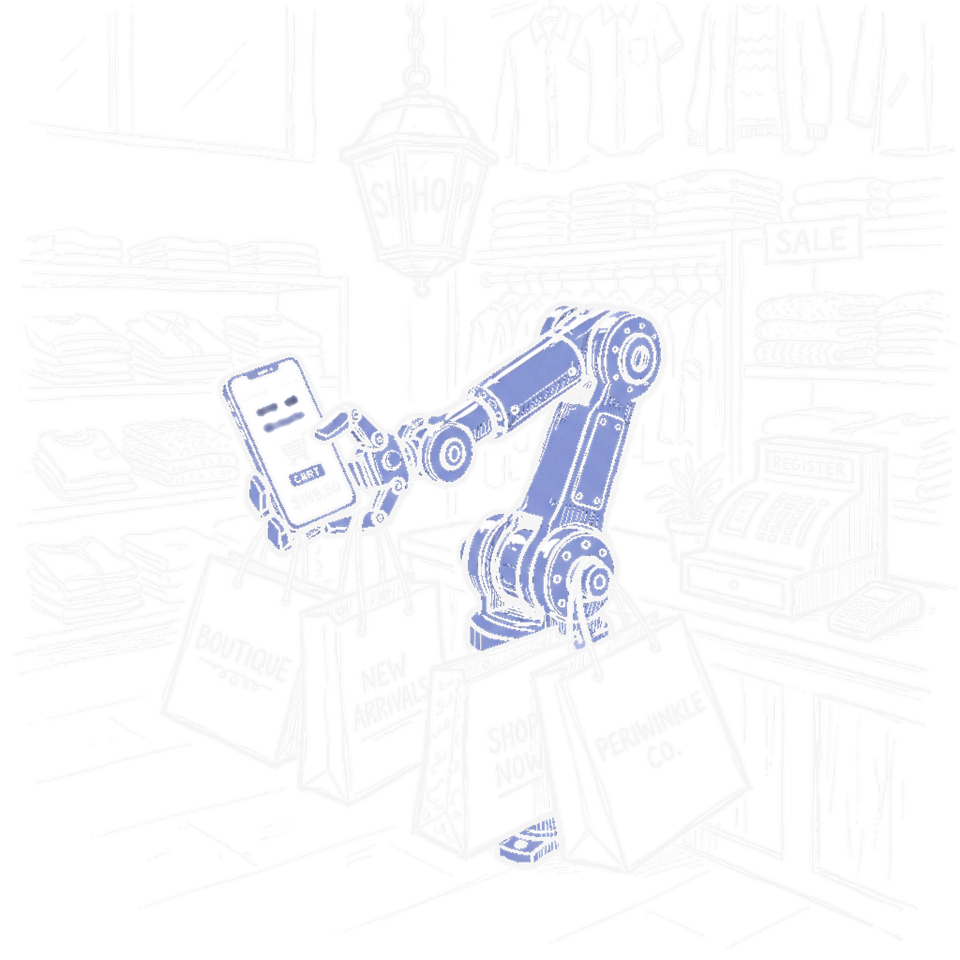 Illustration eines Roboterarms mit Smartphone und Shopping-Tüten, kinewsletter.ch Stil