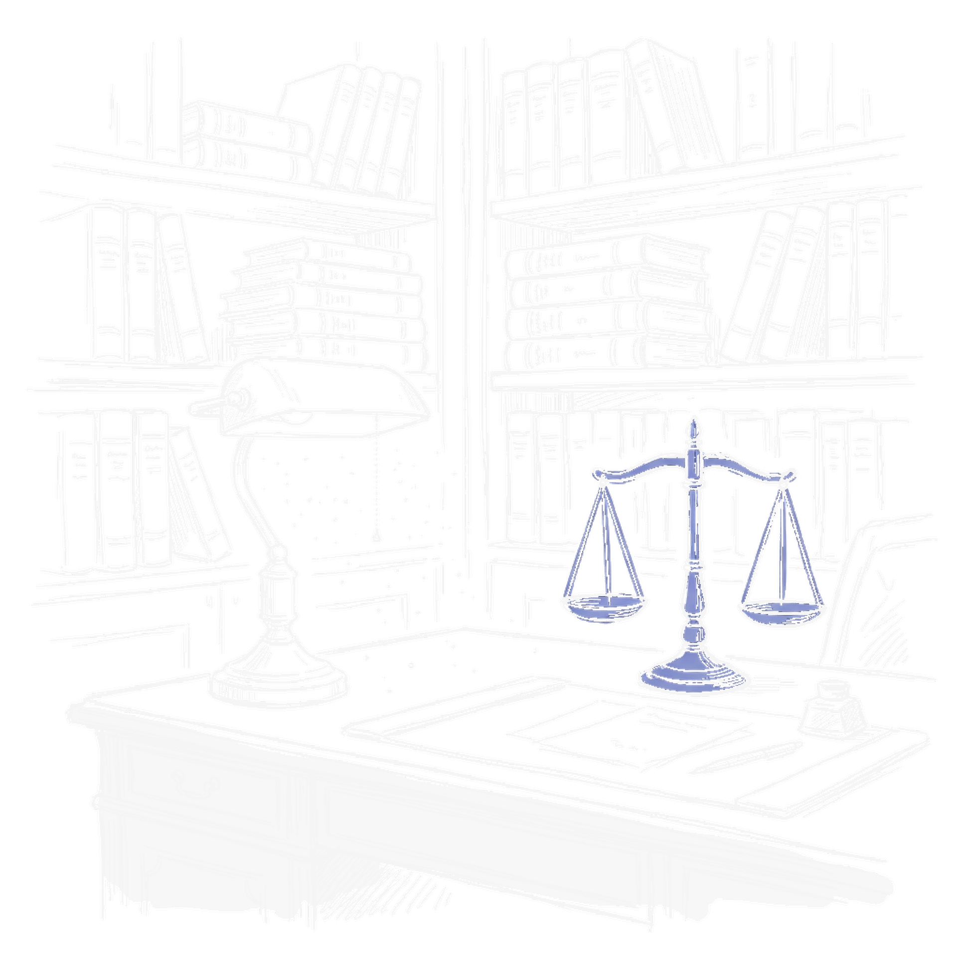 Illustration einer Anwaltskanzlei mit Bibliothek, Brass-Lampe und Waage der Justitia (Dark Mode), kinewsletter.ch Stil