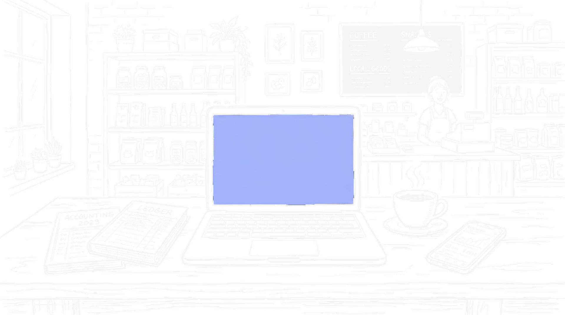 Illustration zu Claude for Small Business: Kleinunternehmen-Szene mit Laptop und Buchhaltung, kinewsletter.ch Stil