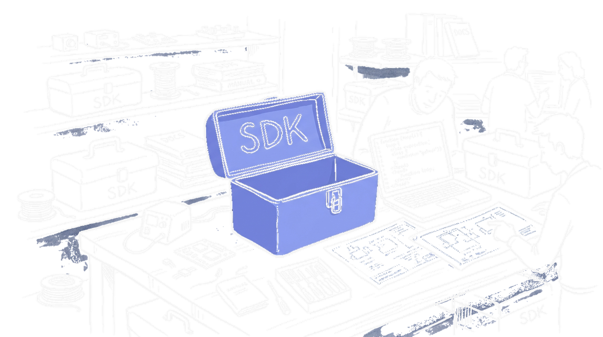 Illustration zu Anthropic kauft Stainless: Werkzeugkisten und Laptop, kinewsletter.ch Stil