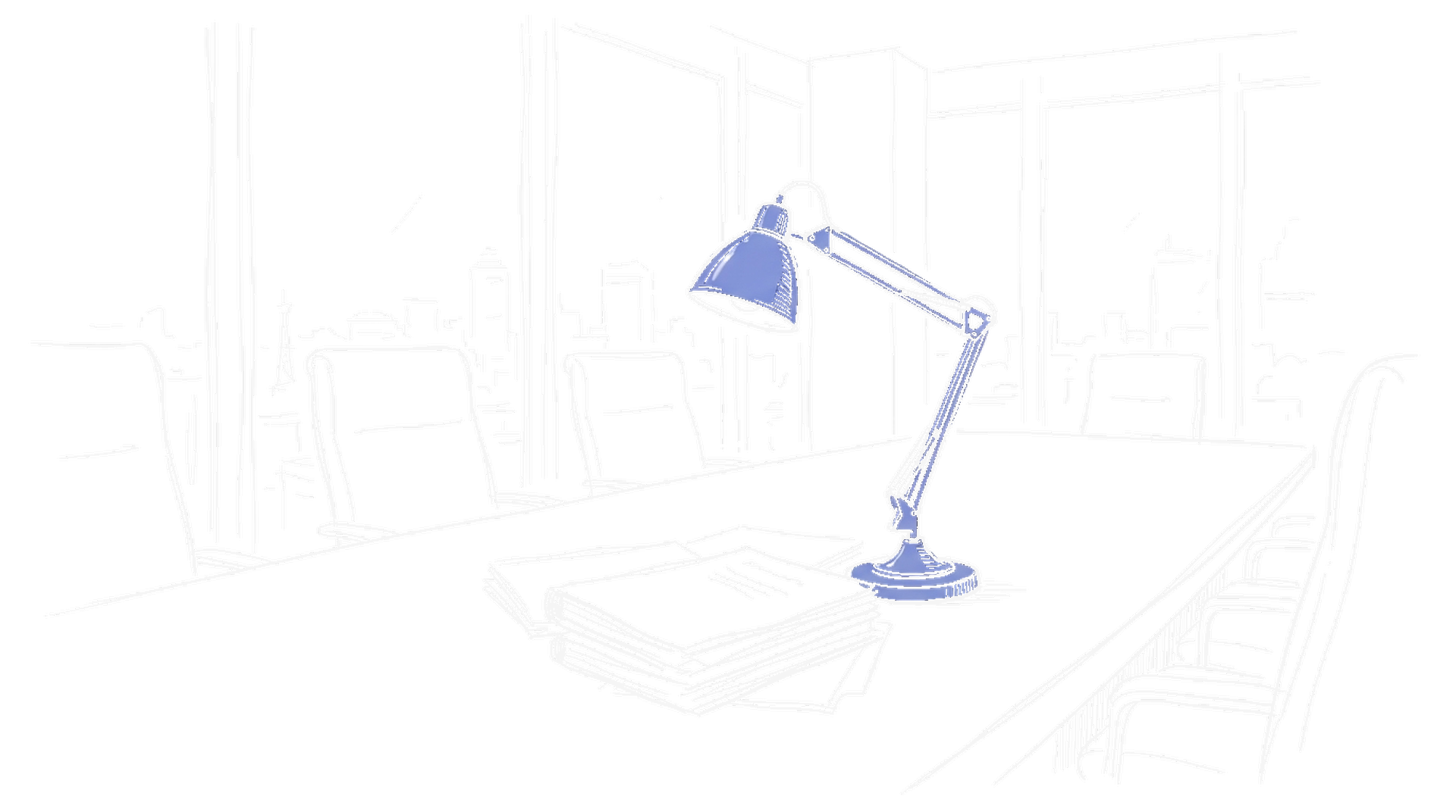 Sitzungszimmer mit Konferenztisch, Aktenstapeln und Messinglampe – kinewsletter.ch Stil (dark)