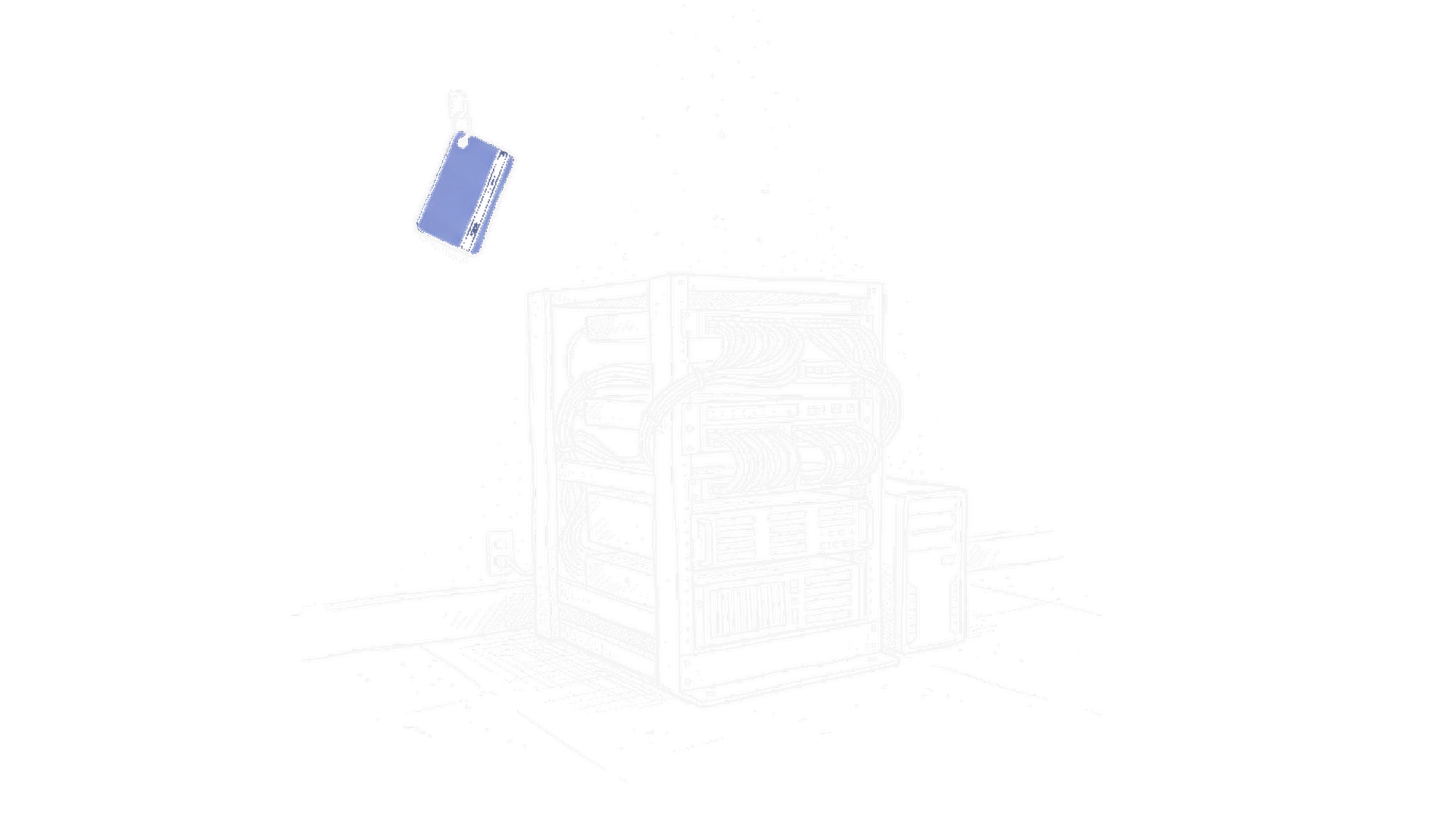 Serverrack mit Netzwerkkabeln und hängender Keycard – kinewsletter.ch Stil (dark)