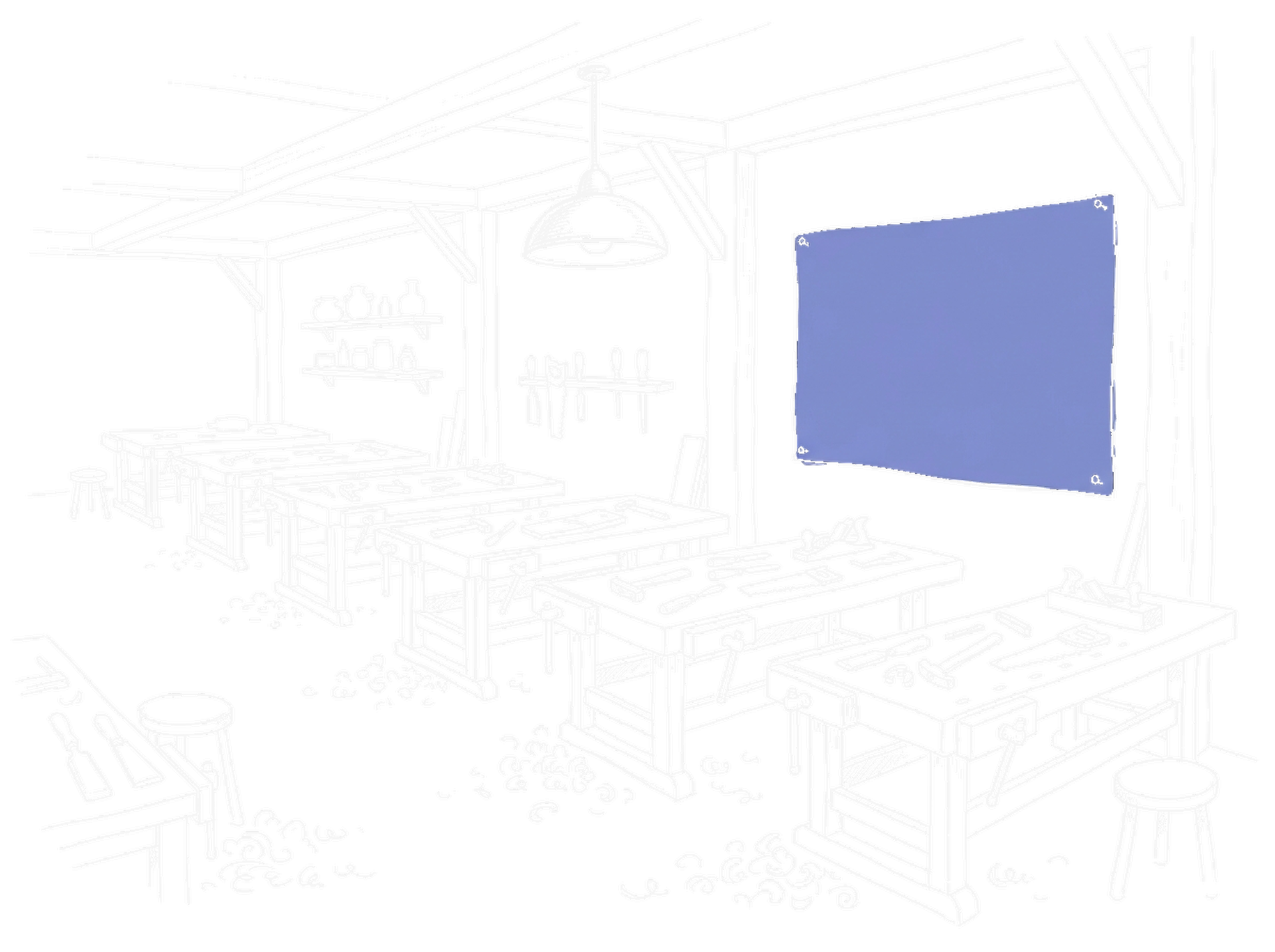 Werkstatt mit acht Werkbänken und Bauplan (Dark) – Grok Build Illustration, kinewsletter.ch