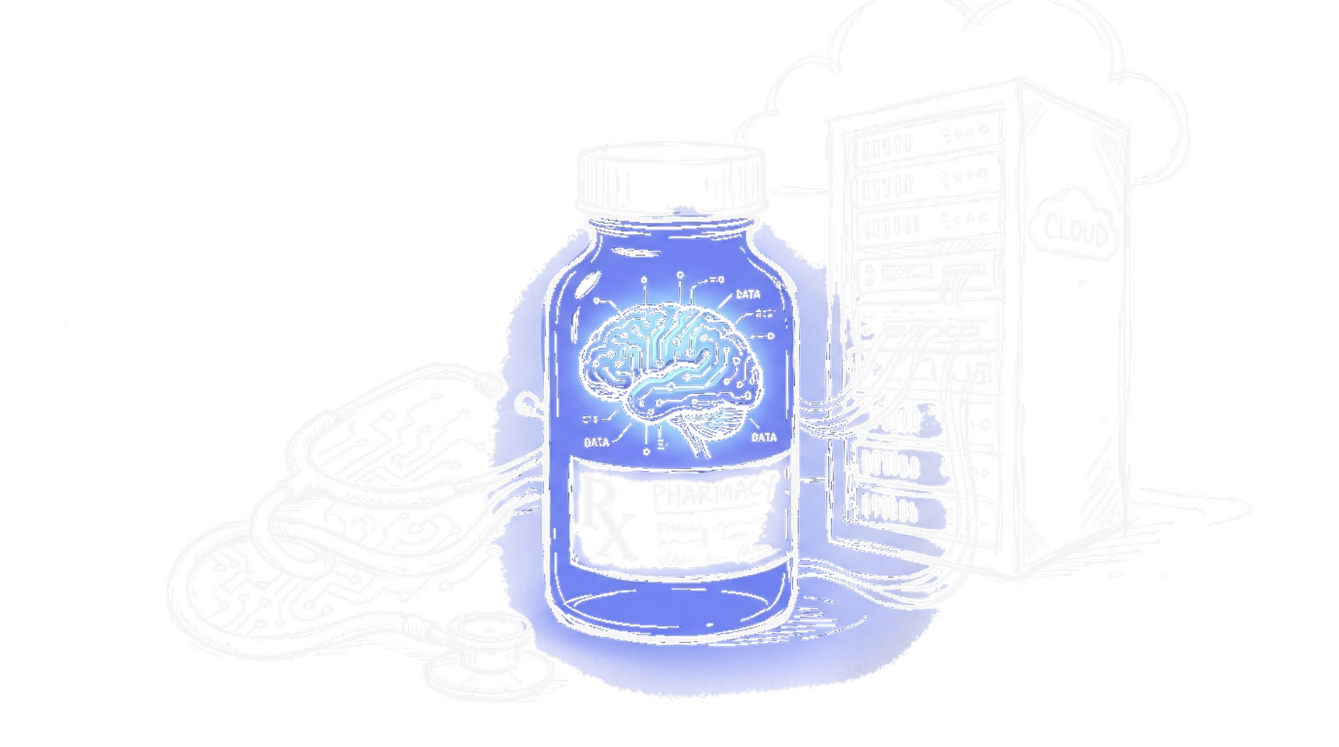 Illustration DocMorris Google AI-First Partnerschaft Dark Mode – Apothekenflasche mit digitalem Gehirn und Cloud-Server