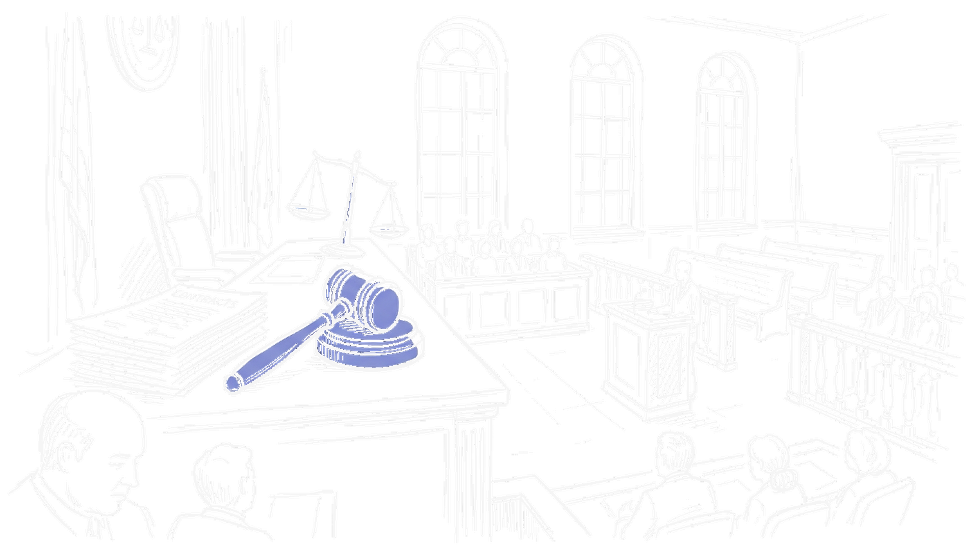 Gerichtssaal mit Richterhammer, Vertraegestapel und Waage – Dark Mode – kinewsletter.ch Illustration