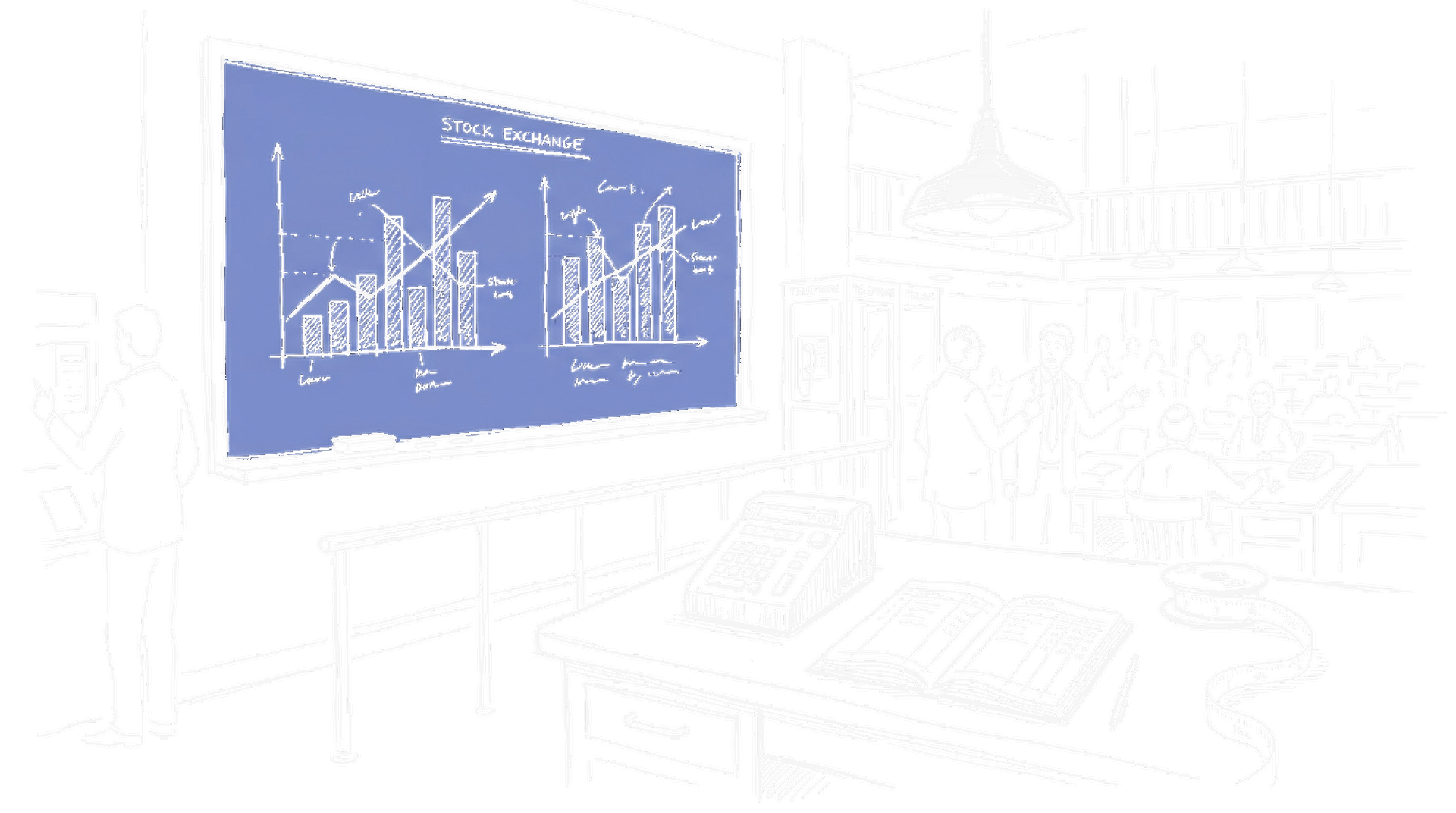 Boersensaal mit Kreidetafel und gekreuzten Balkendiagrammen – Dark Mode – kinewsletter.ch Illustration