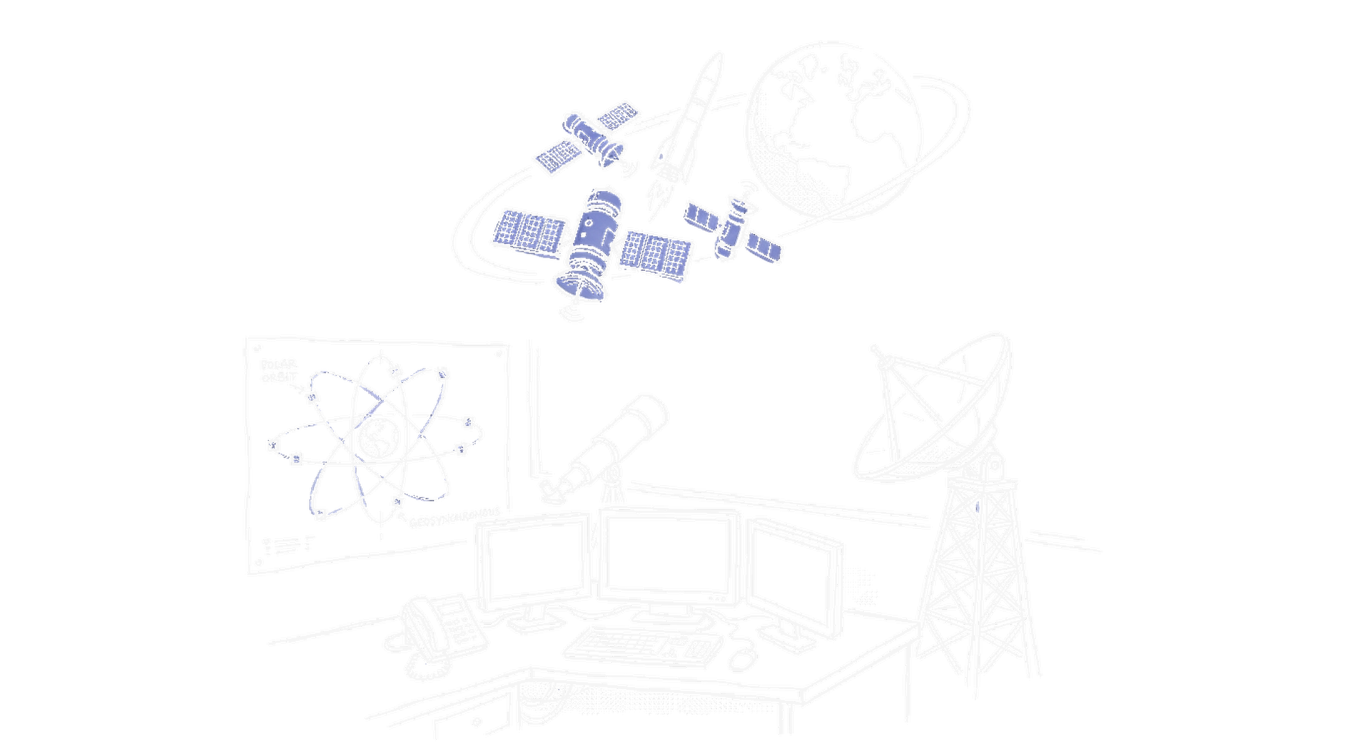 Satellitencluster im Orbit mit Trager-Rakete und Bauplan – Dark Mode – kinewsletter.ch Illustration