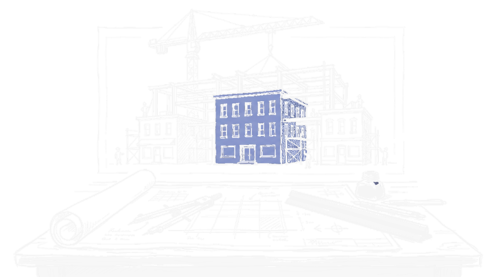 Illustration zu OpenAI Brockman Restrukturierung (Dark Mode): Fusion dreier Bürogebäude mit Baukran, Bauplan auf Architekten-Tisch, kinewsletter.ch Stil