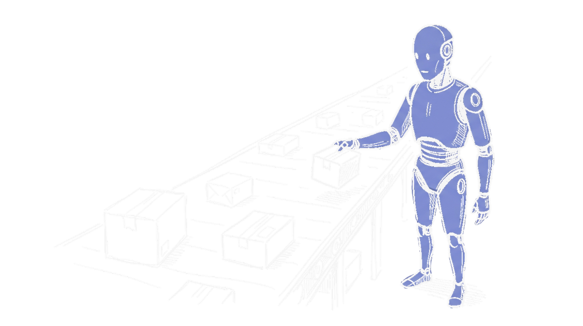 Illustration zu Figure AI Helix-02 Roboter im Warenlager (Dark Mode): humanoider Roboter am Förderband mit Paketen, kinewsletter.ch Stil