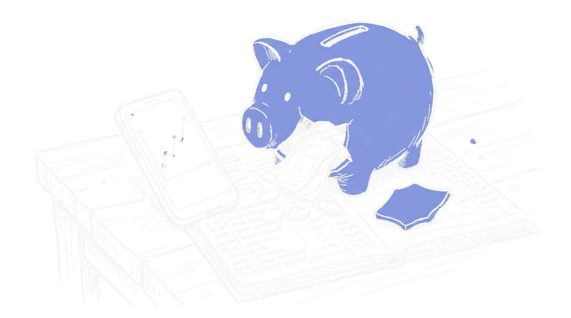 Illustration zu ChatGPT Personal Finance (Dark Mode): Sparschwein mit Münzen, Smartphone und Kontobuch, kinewsletter.ch Stil