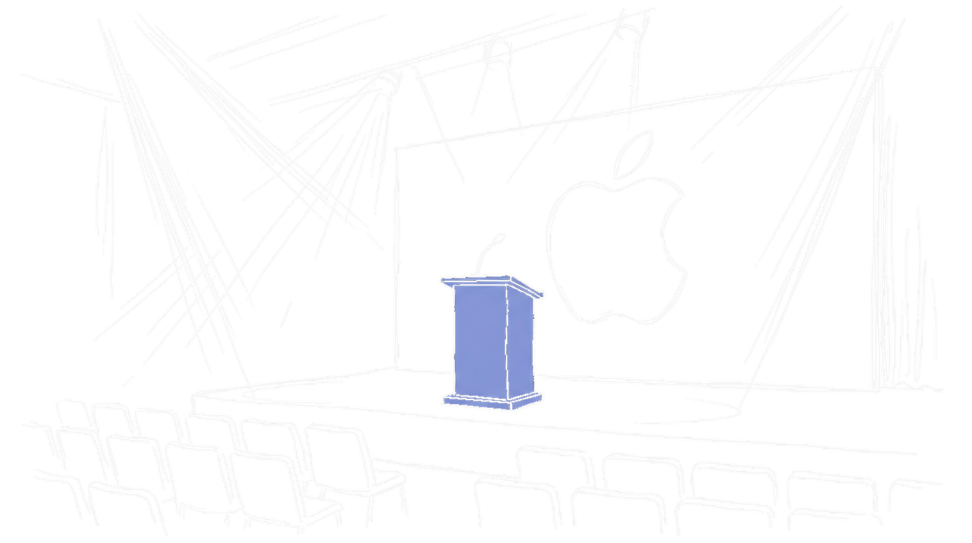 Illustration einer Konferenzbühne mit Podium und Apple-Logo, kinewsletter.ch Stil (Dark Mode)