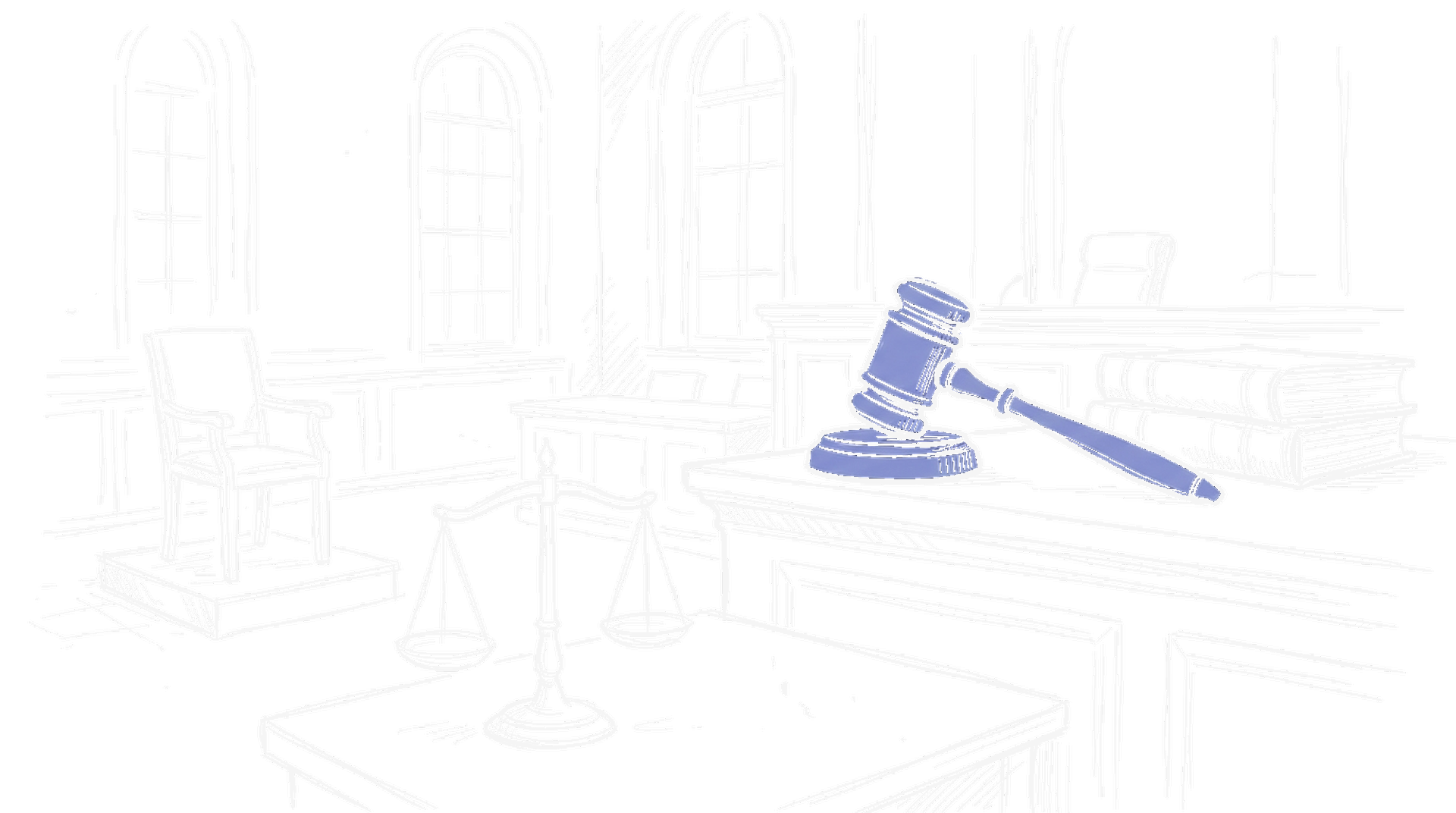 Illustration eines Gerichtssaals mit Richterhammer und Waage (Dark Mode), kinewsletter.ch Stil