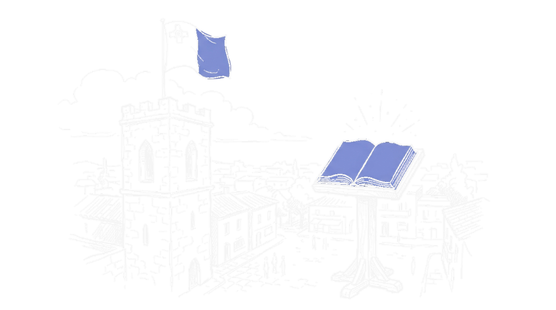 Illustration von maltesischer Flagge auf Turm und offenem Buch (Dark Mode), kinewsletter.ch Stil