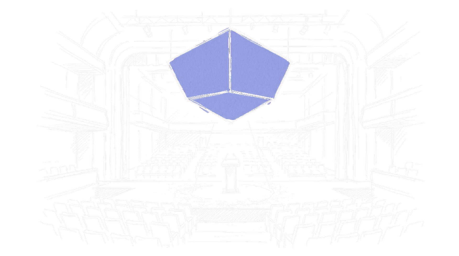 Illustration eines Konzertsaals mit leuchtendem Diamantbildschirm (Dark Mode), kinewsletter.ch Stil