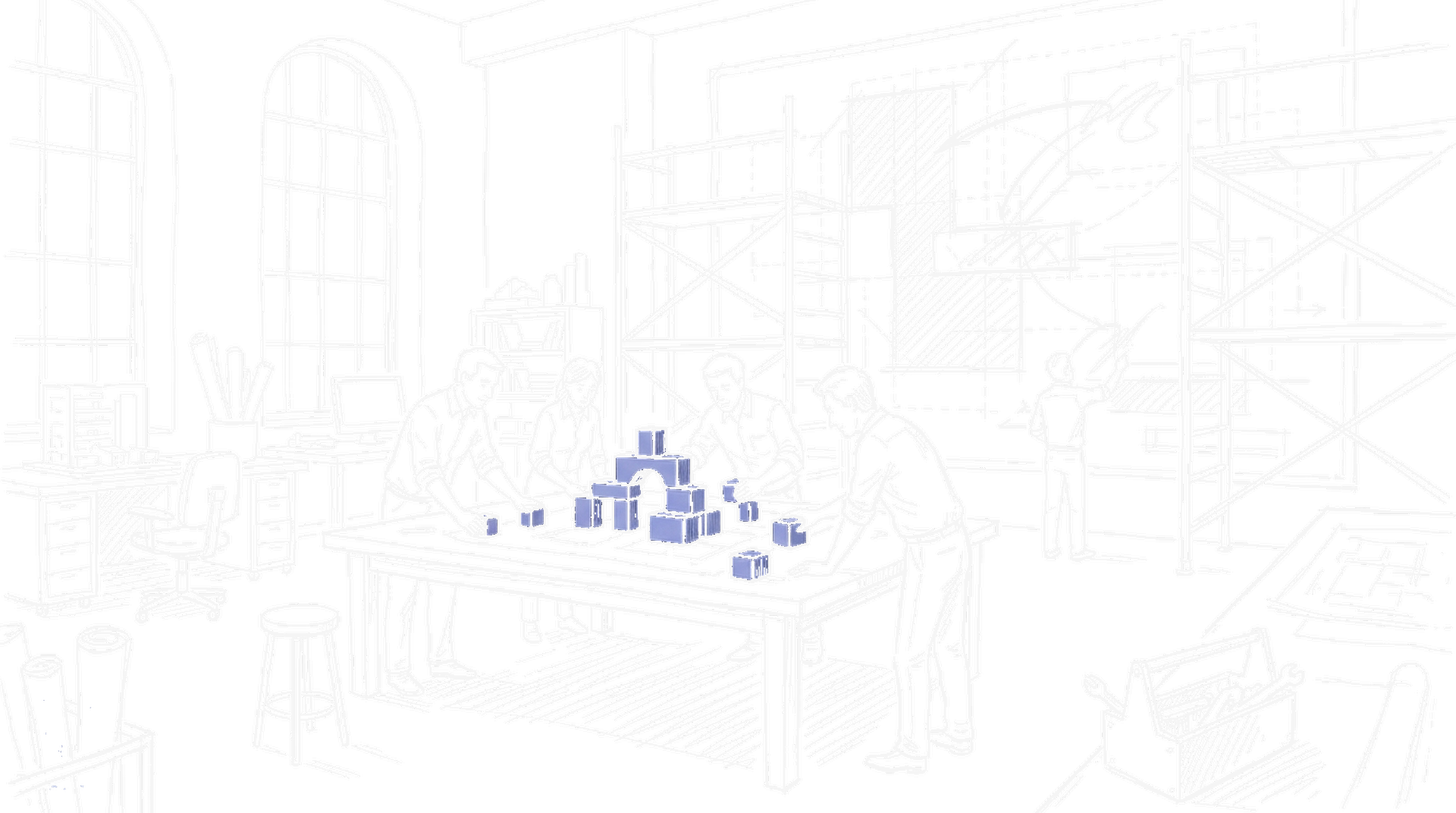 Skizze eines Architekturbüros mit Bauplänen und Bauklötzen, Dark Mode — Symbol für Metas KI-Restrukturierung, kinewsletter.ch Stil