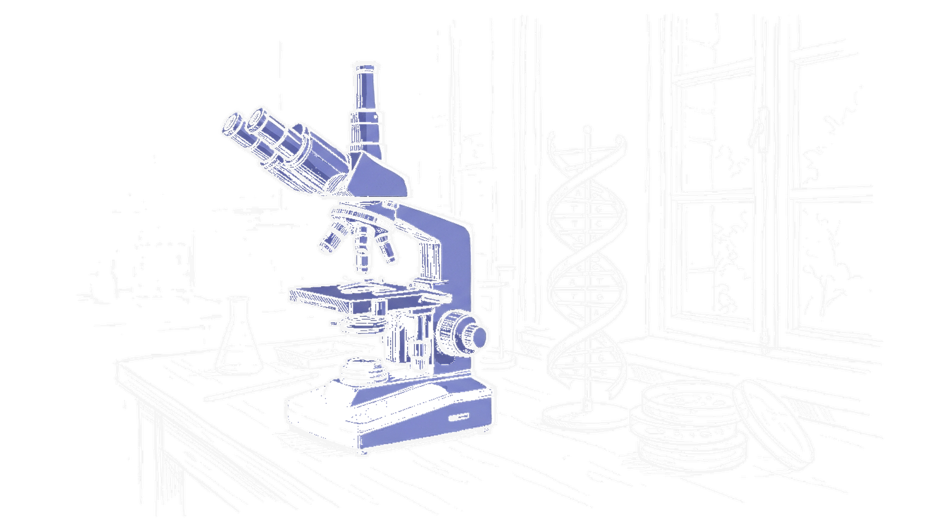 Illustration eines Labortischs mit Mikroskop und DNA-Modell, kinewsletter.ch Stil (Dark Mode)