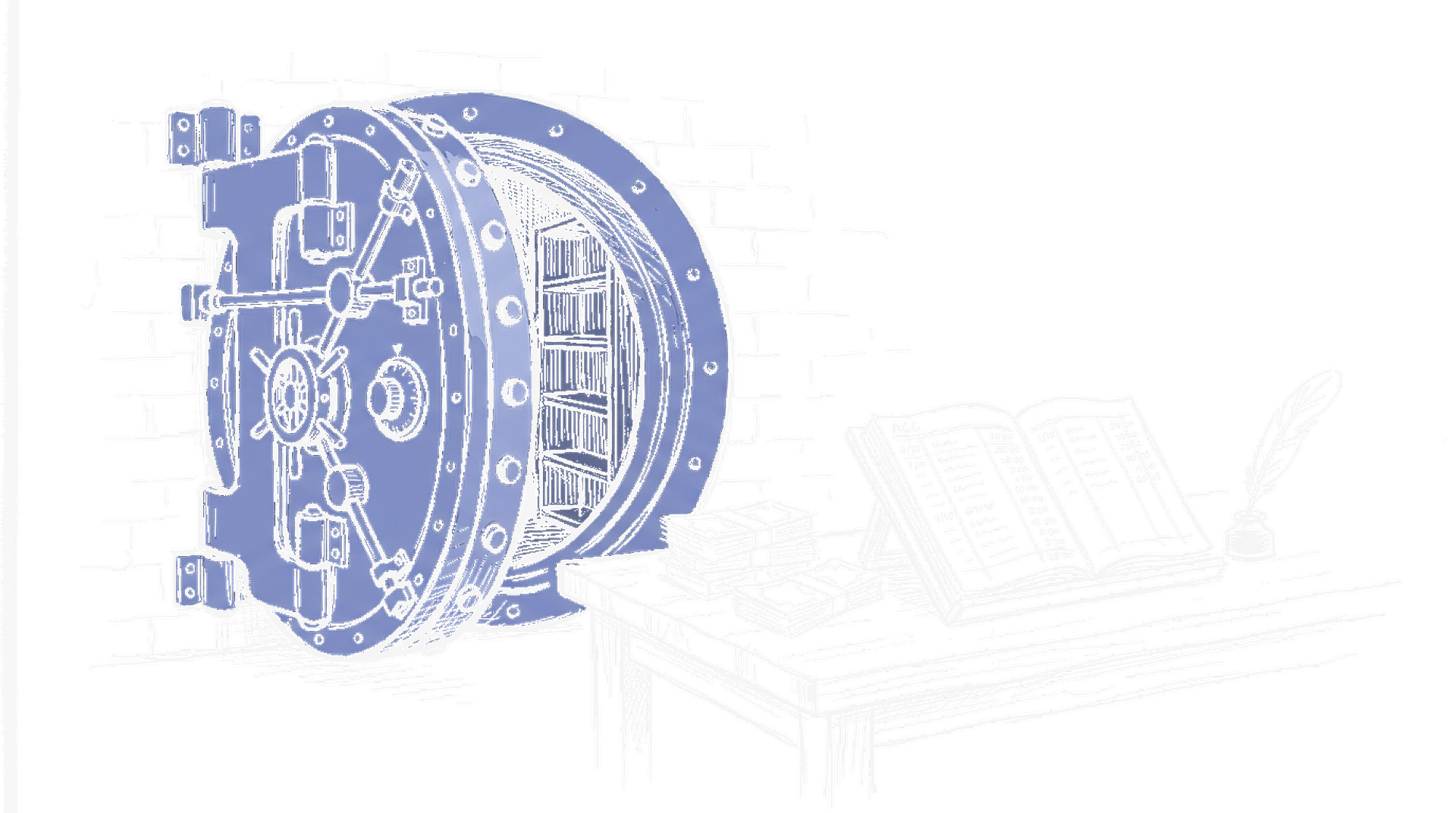 Illustration eines Banktresors mit Hauptbuch (Dark), kinewsletter.ch Stil