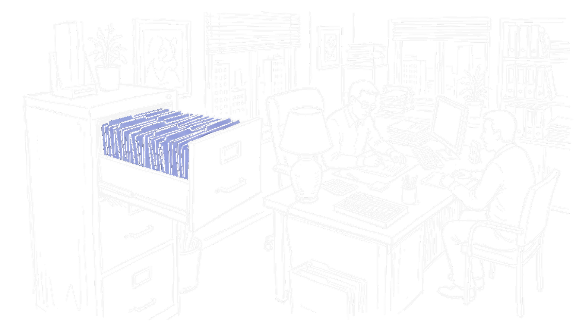 Illustration eines Beratungs-Büros mit Aktenschrank (Dark), kinewsletter.ch Stil