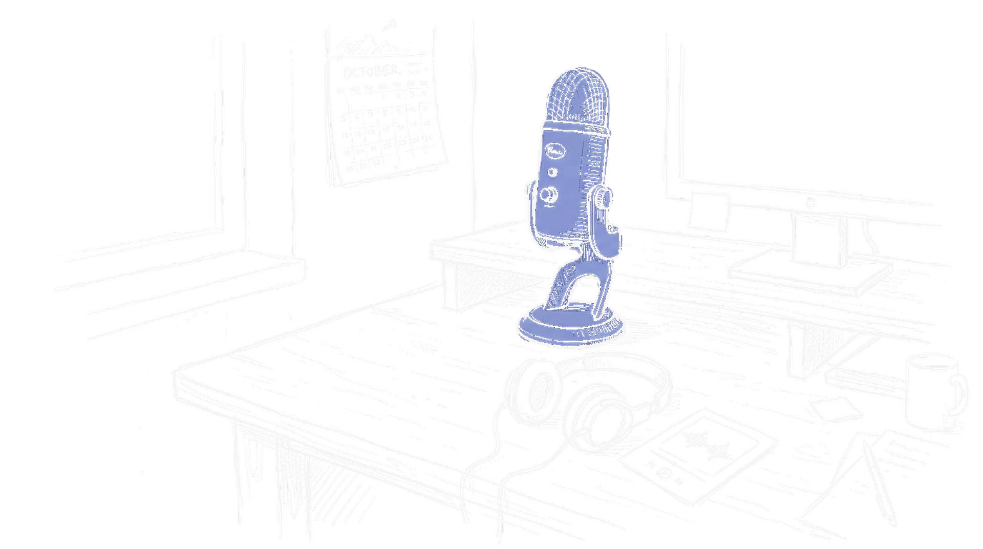 Skizze eines Studio-Mikrofons mit Kopfhörern auf einem Schreibtisch, kinewsletter.ch Stil