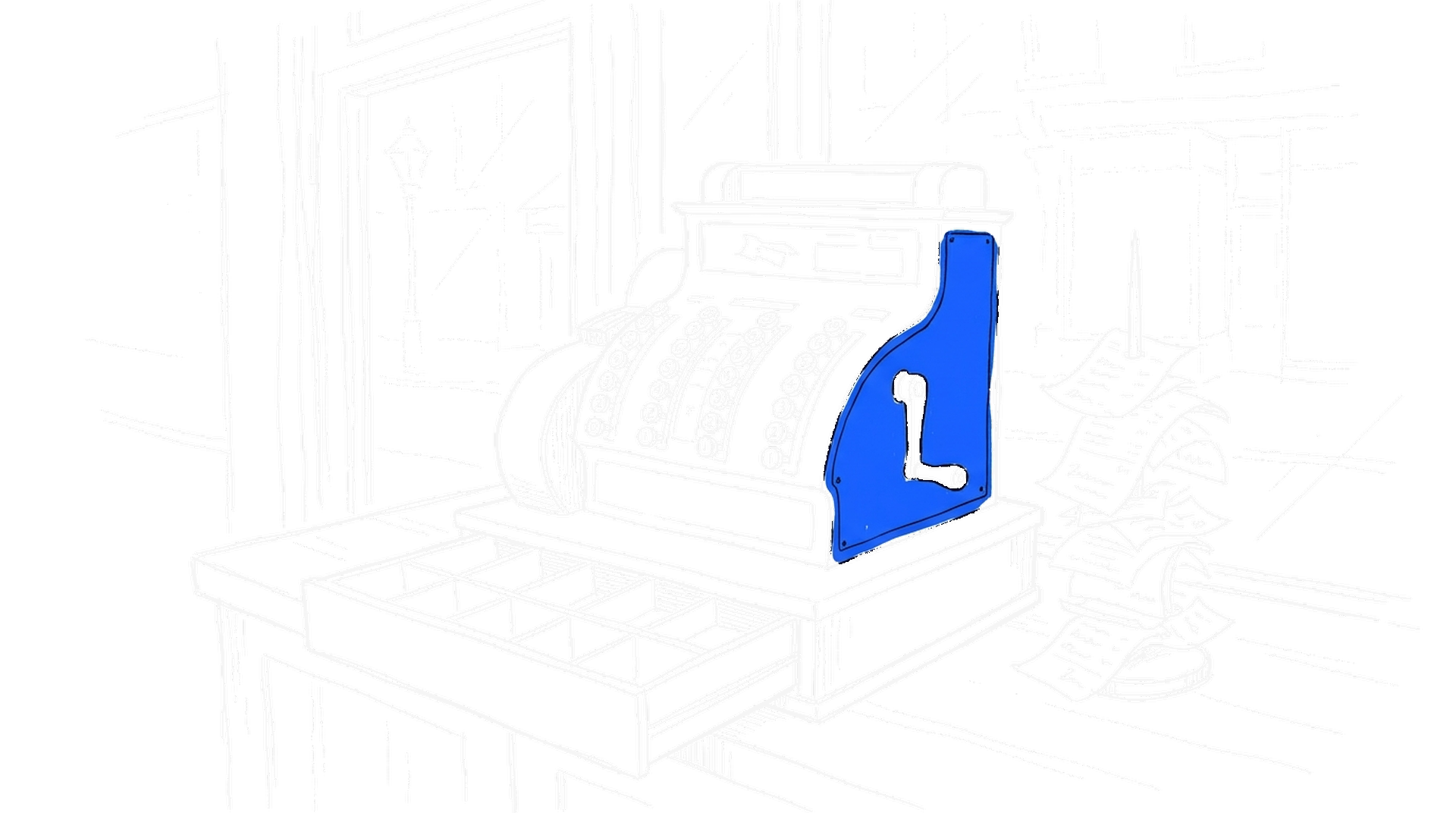 Illustration einer alten mechanischen Registrierkasse mit leerer Geldschublade, kinewsletter.ch Stil