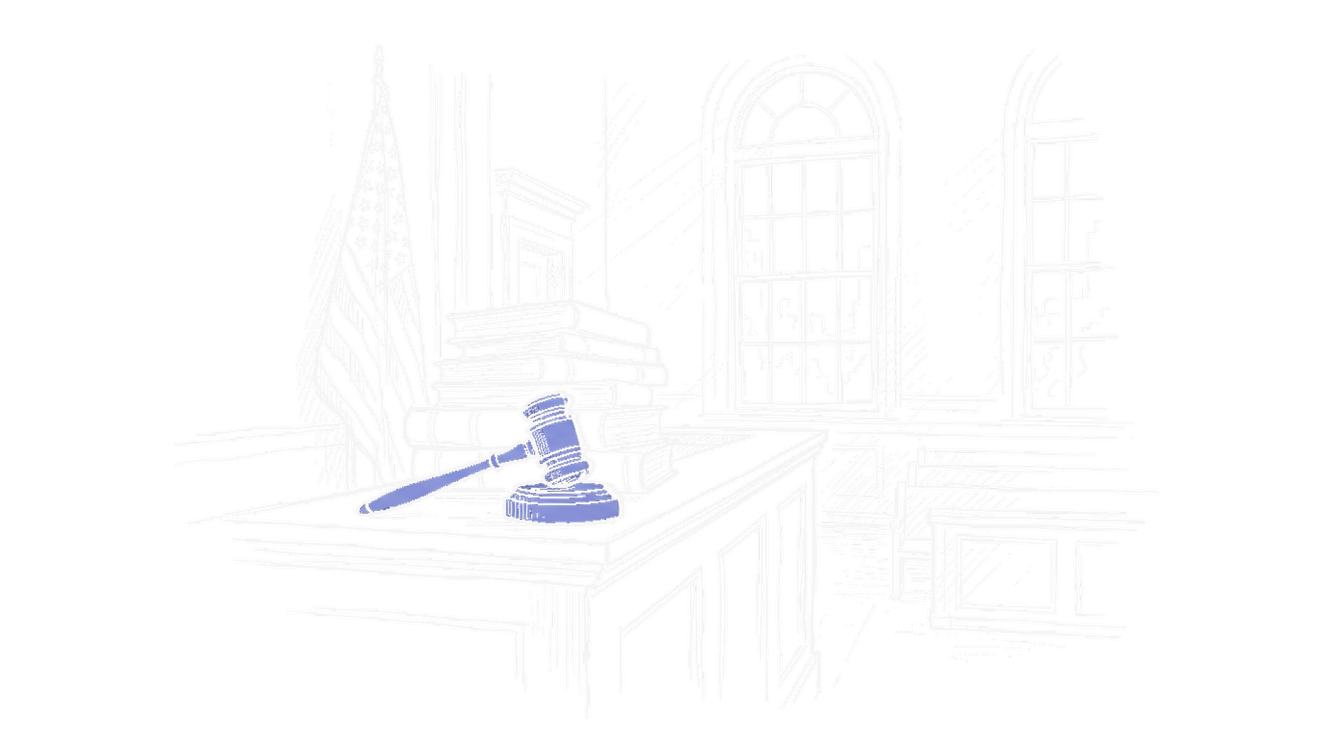 Illustration eines Gerichtssaals mit Richterhammer und Gesetzbüchern, kinewsletter.ch Stil
