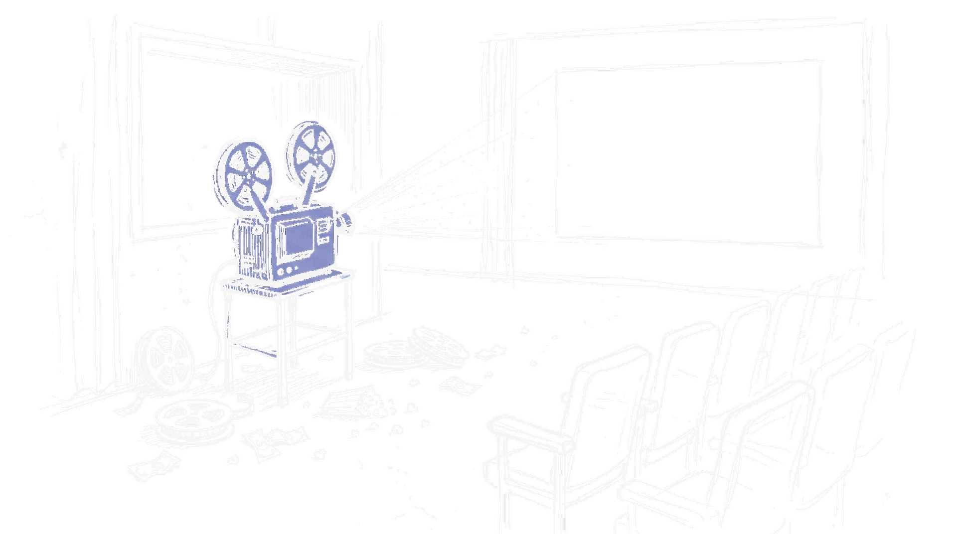 Illustration eines Filmprojektors mit Filmrollen und Dollarscheinen, kinewsletter.ch Stil
