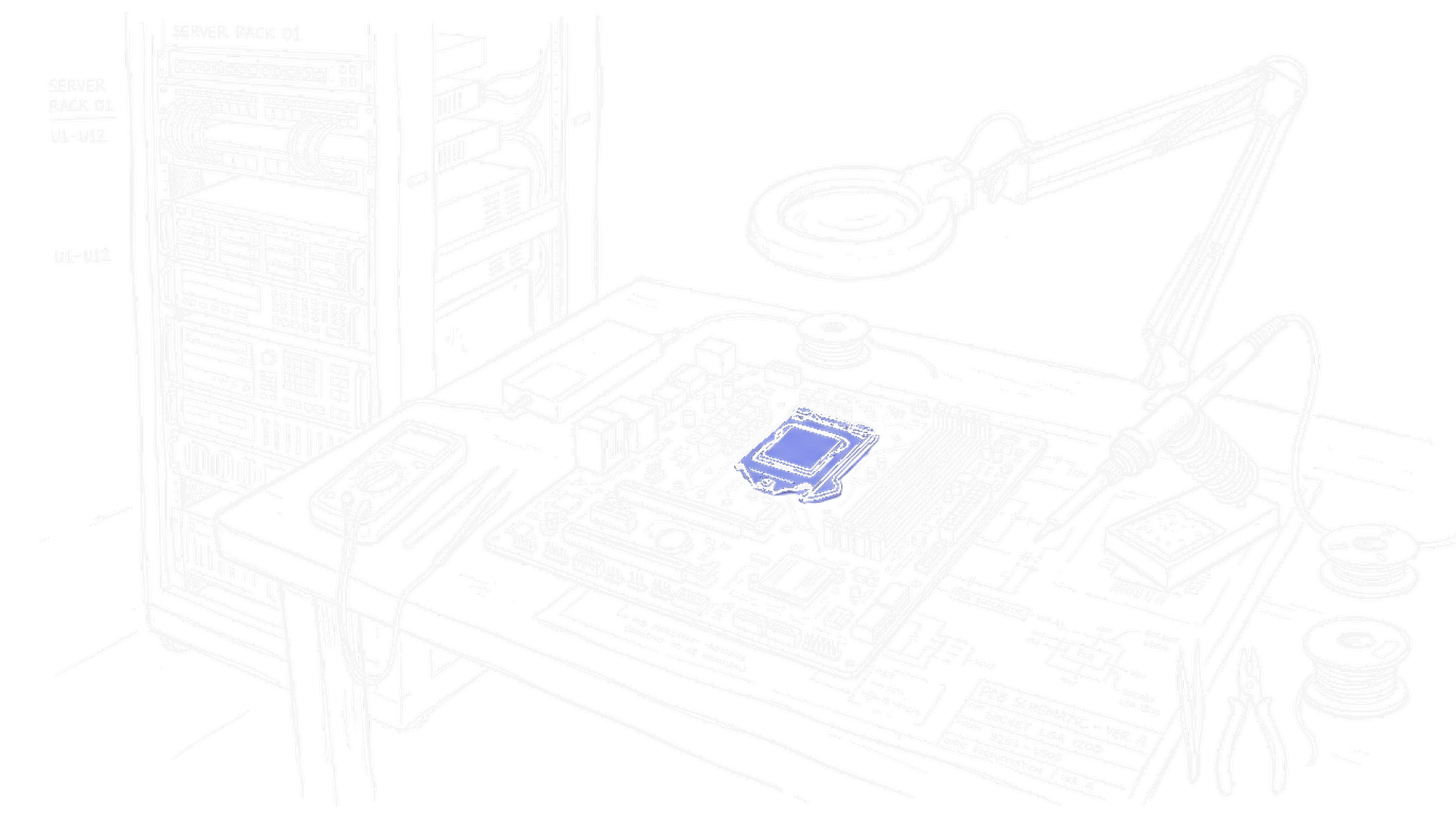 Illustration eines Prozessor-Chips auf Platine mit Lötstation, kinewsletter.ch Stil