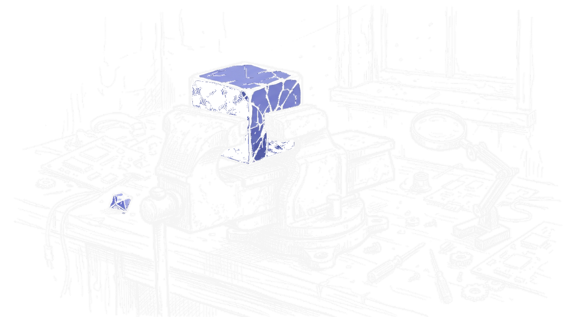 Illustration einer mechanischen Presse die einen Kristall komprimiert, kinewsletter.ch Stil