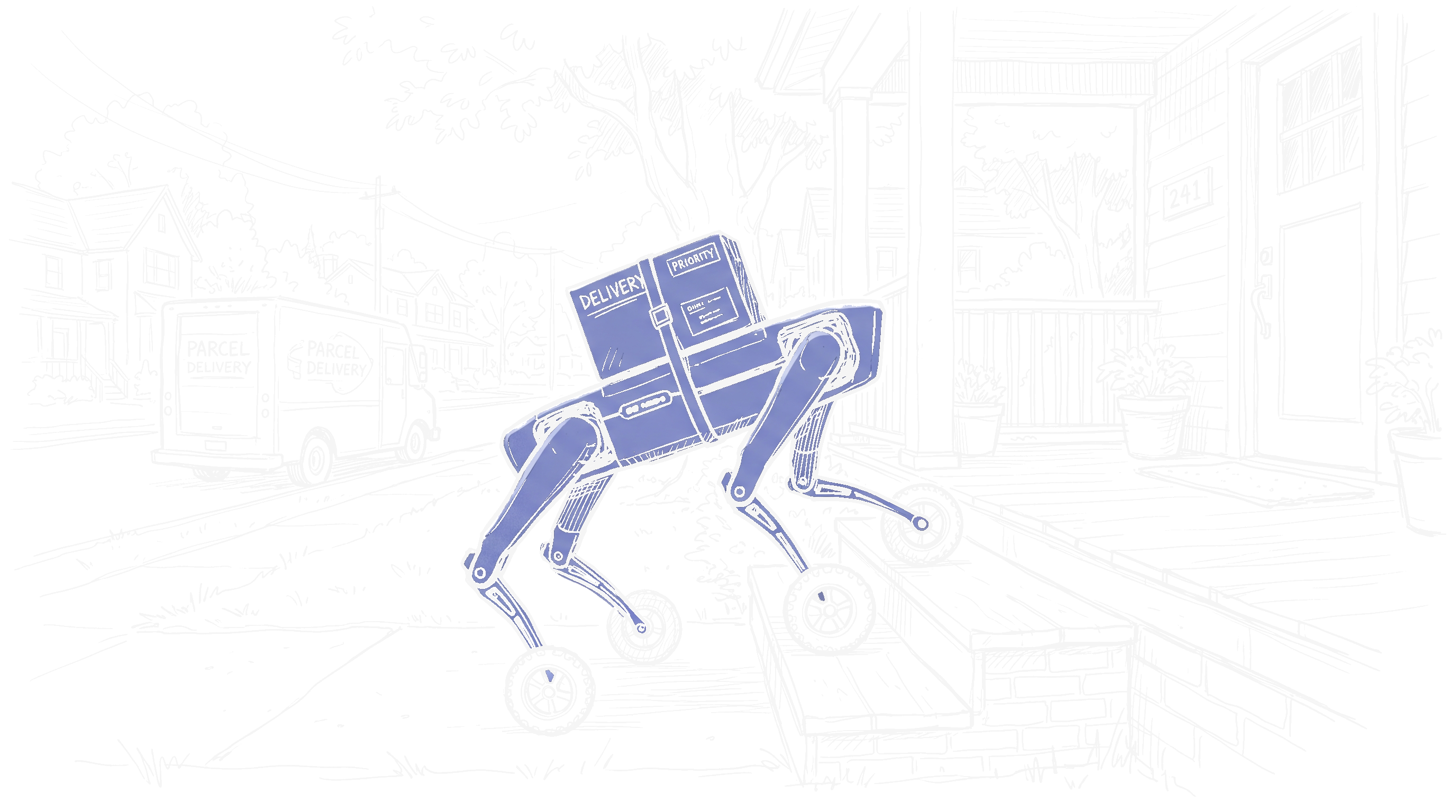 Lieferroboter auf Rädern klettert Treppenstufen – Illustration zur RIVR-Übernahme durch Amazon (Dark)