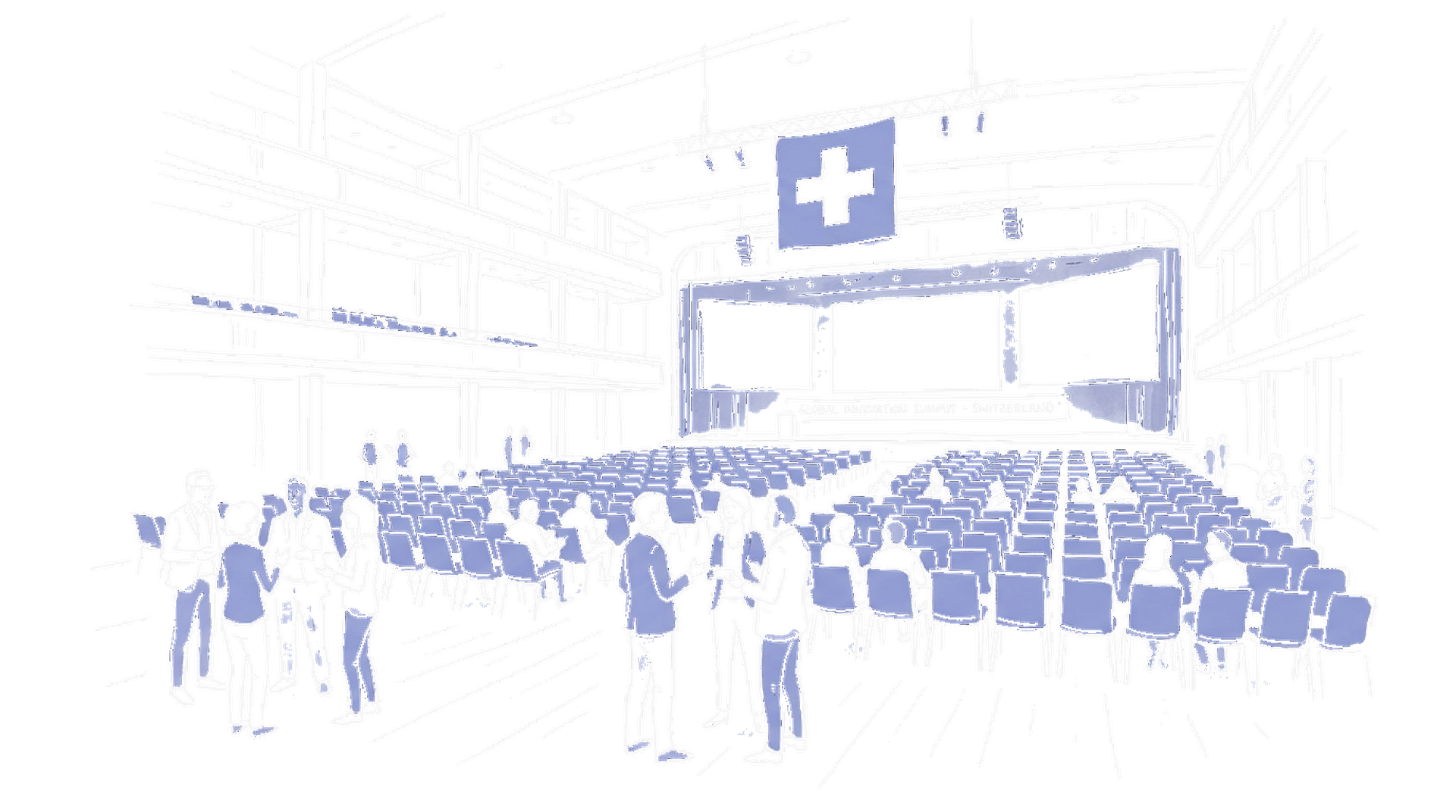 Illustration GenAI Zürich Summit – Konferenzhalle, Dark Mode