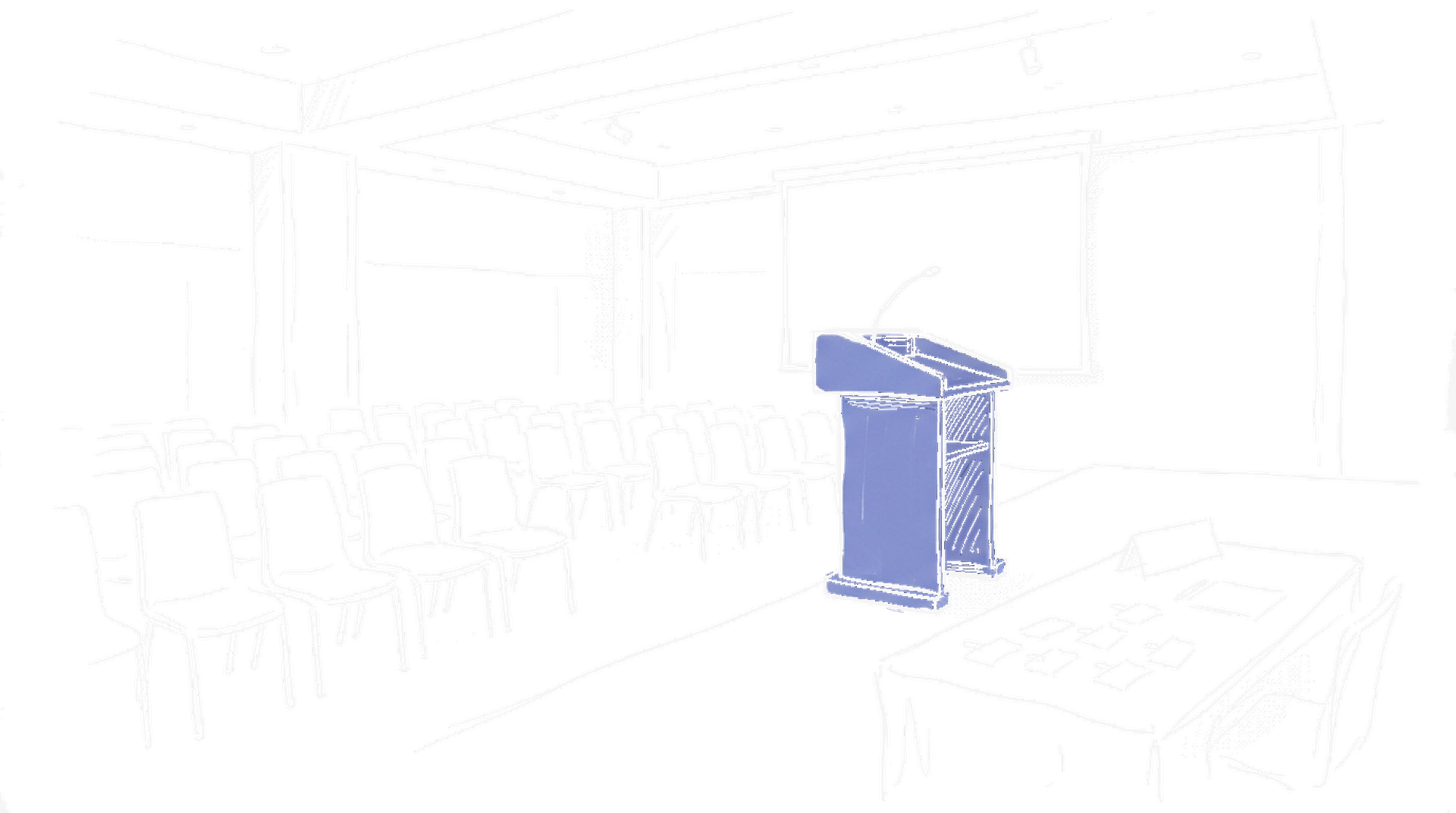 Illustration eines Konferenzsaals mit Podium und Stuhlreihen, kinewsletter.ch Stil (Dark Mode)