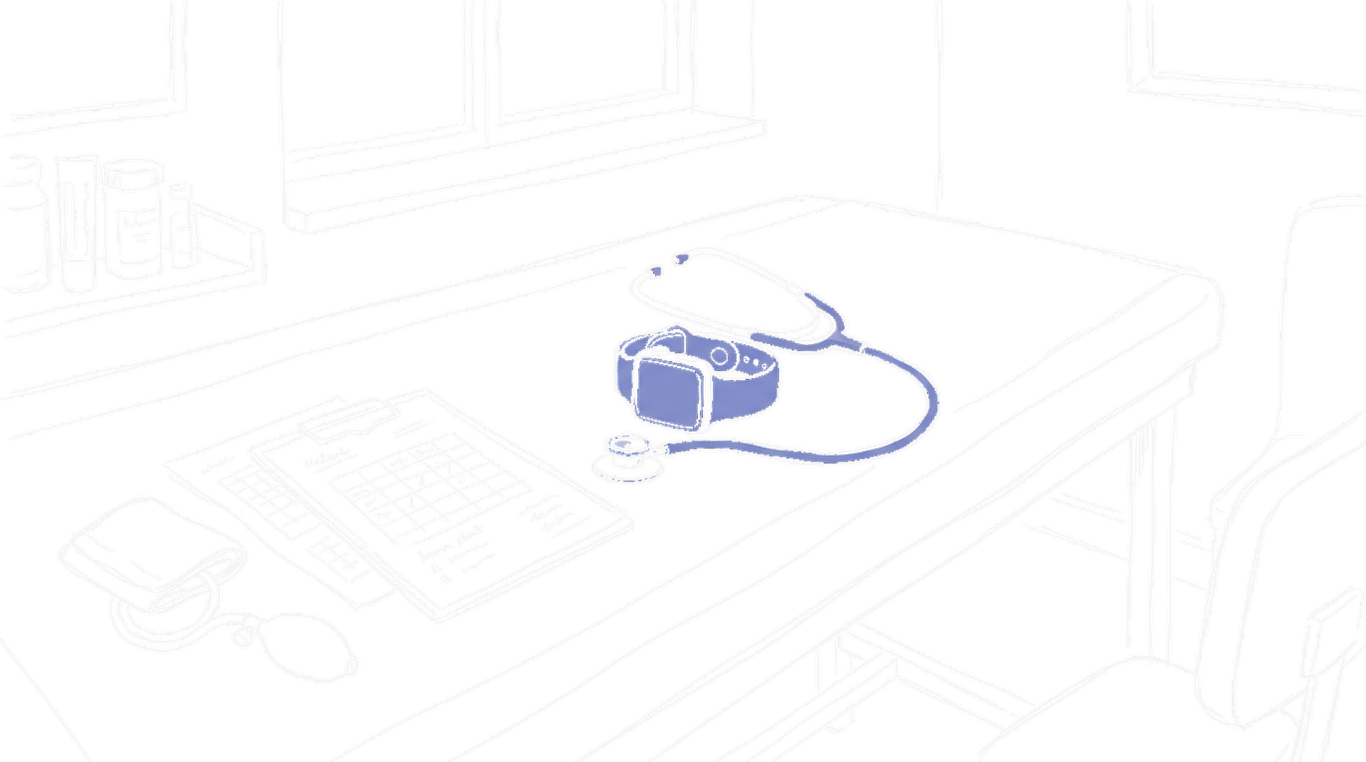 Illustration einer medizinischen Untersuchungsliege mit Stethoskop und Smartwatch, kinewsletter.ch Stil (Dark Mode)